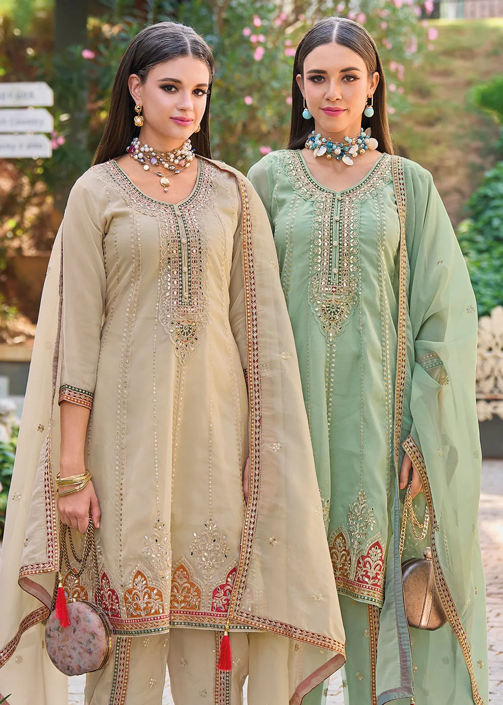 Green Dhoti Style Embroidered Organza Punjabi Style Suit