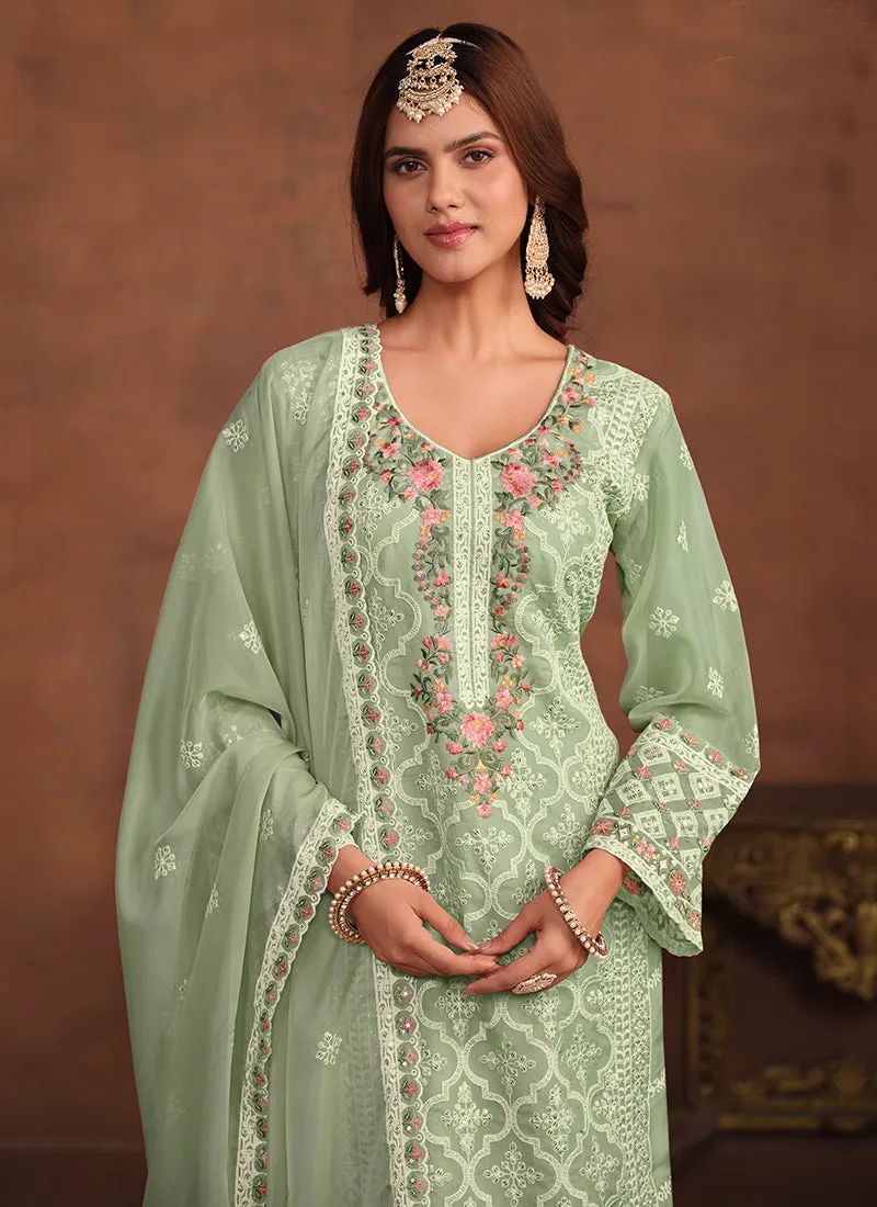 Green Embroidery Straight Suit