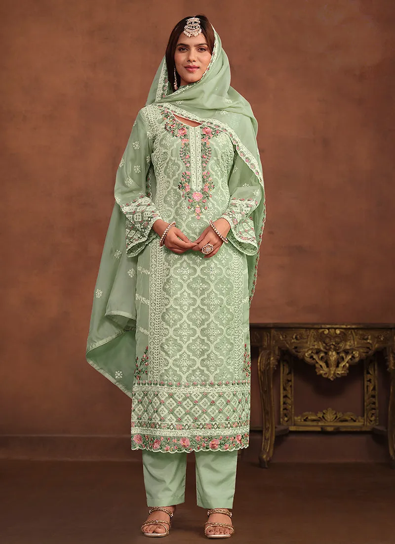 Green Embroidery Straight Suit