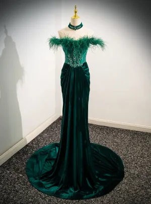 Green Velvet Off the Shoulder Feather Crystal Prom Dress