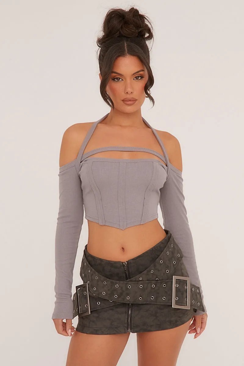 Grey Corset Detail Bardot Cropped Top - Nelli