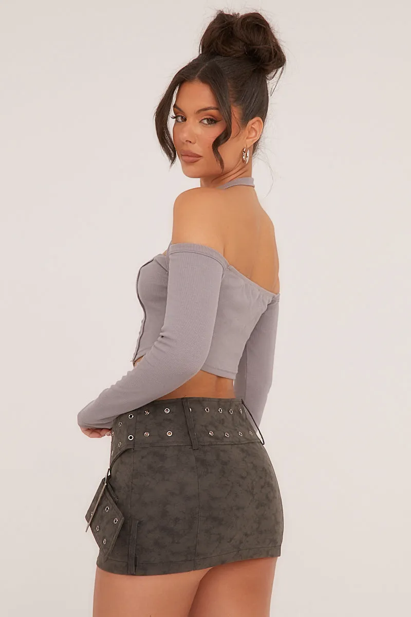 Grey Corset Detail Bardot Cropped Top - Nelli