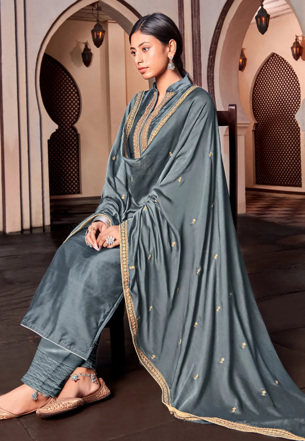 Grey Golden Embroidered Pakistani Style Pant Suit