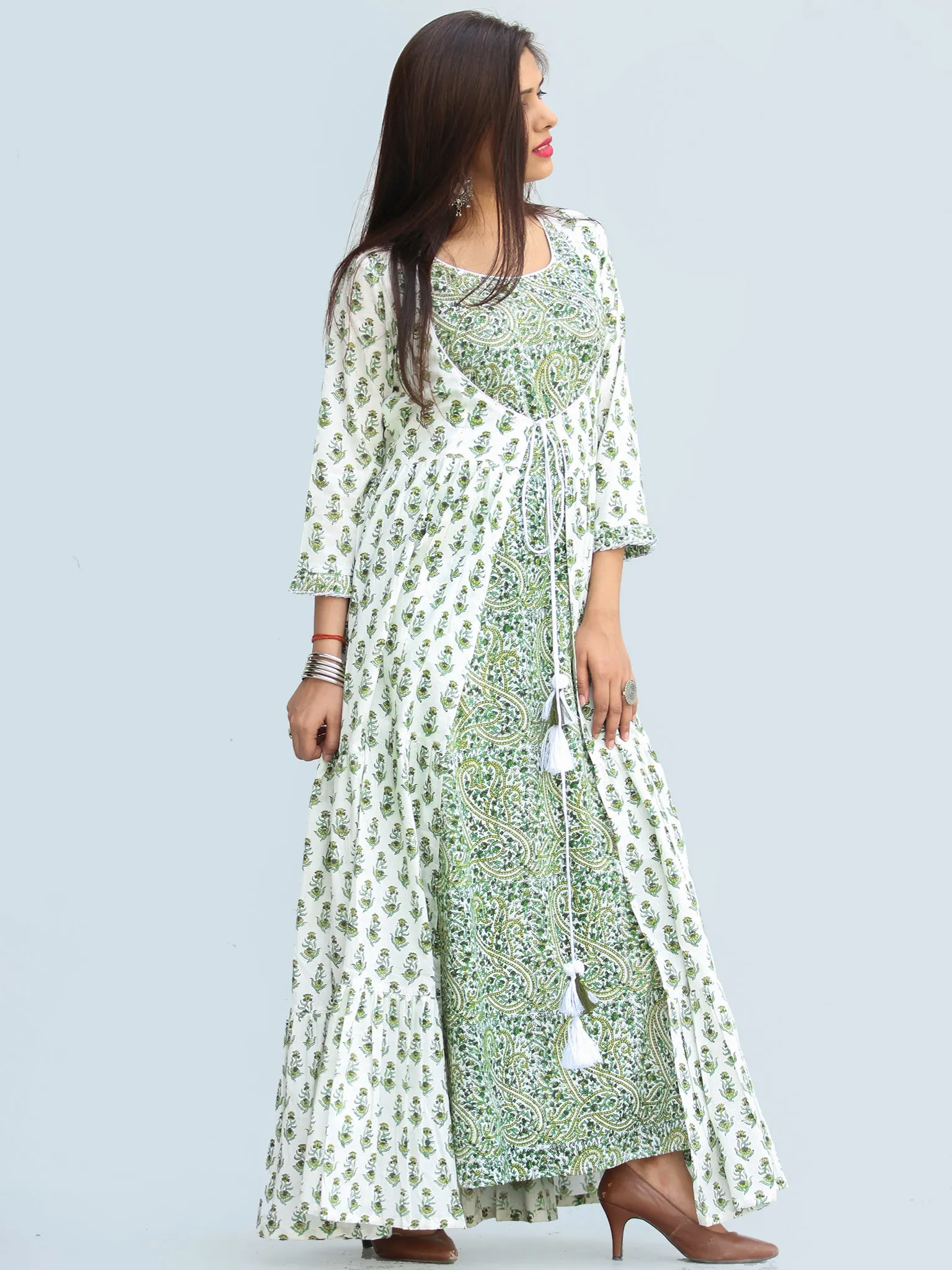 Gulzar Parinaz - Hand Block Printed Pleated Long Cape Dress With Tunic - D428F2274