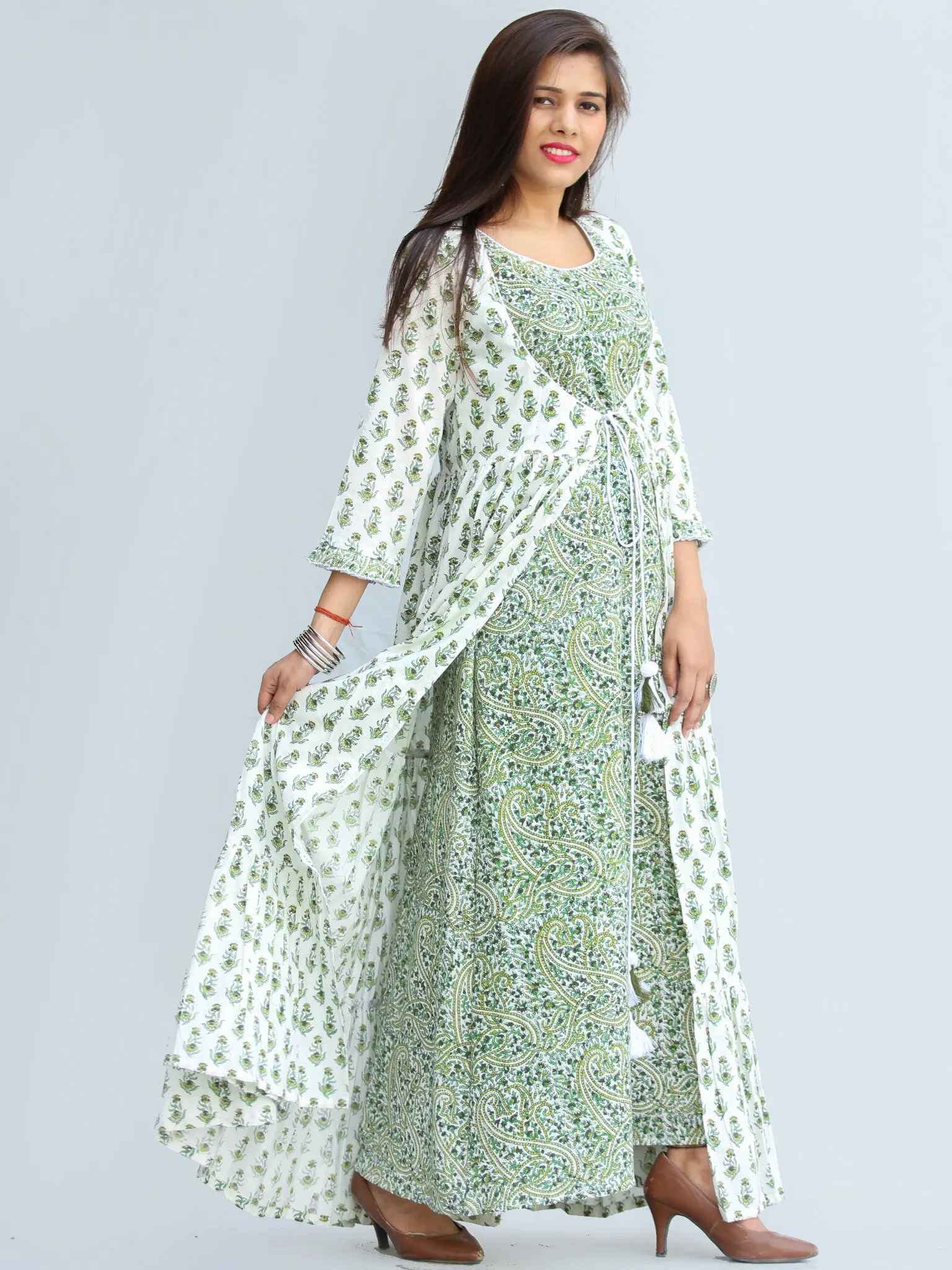 Gulzar Parinaz - Hand Block Printed Pleated Long Cape Dress With Tunic - D428F2274