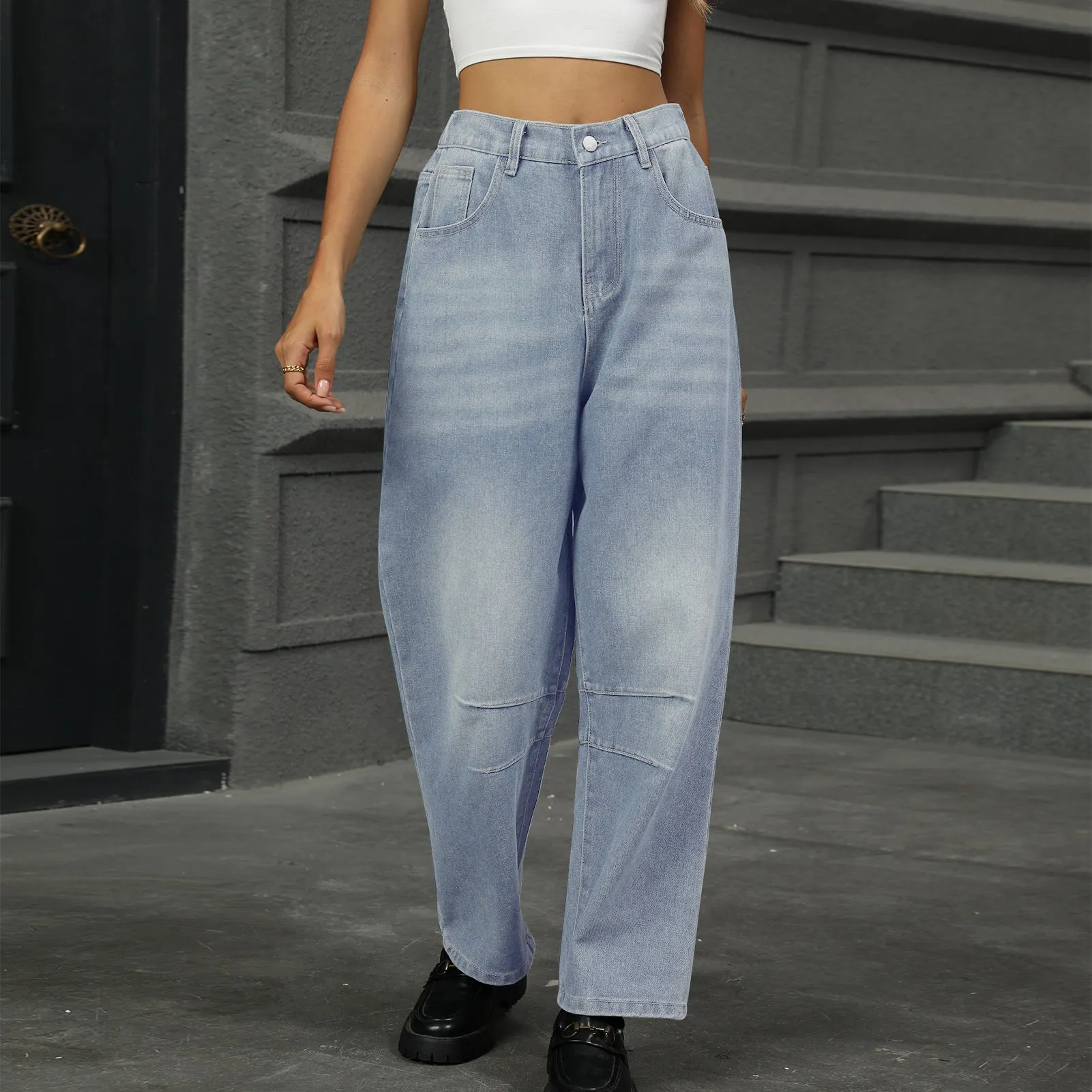 Half Elastic Waist Straight Leg Jeans