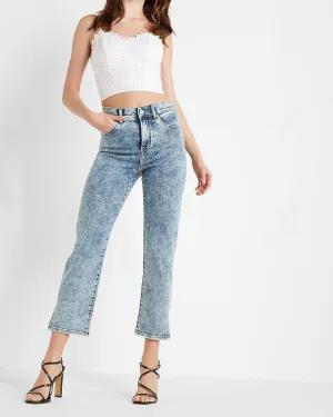 High Waisted Acid Wash Straight Ankle Jeans in Light Wash