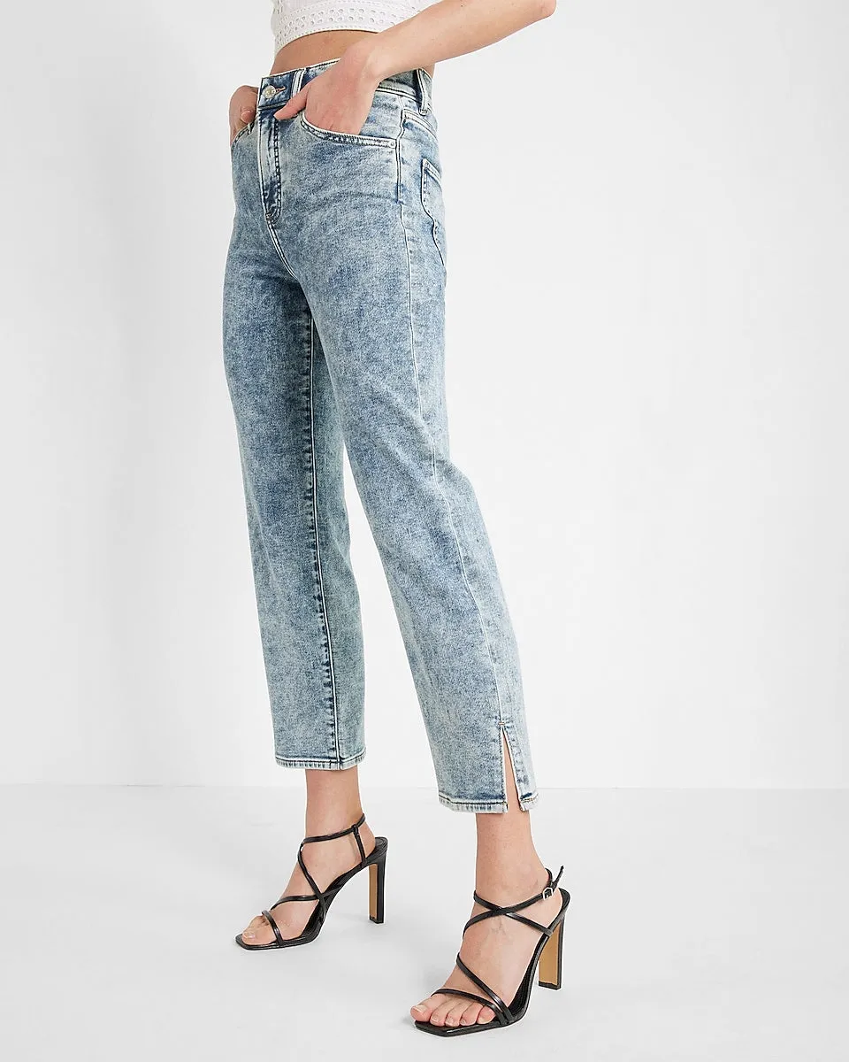 High Waisted Acid Wash Straight Ankle Jeans in Light Wash