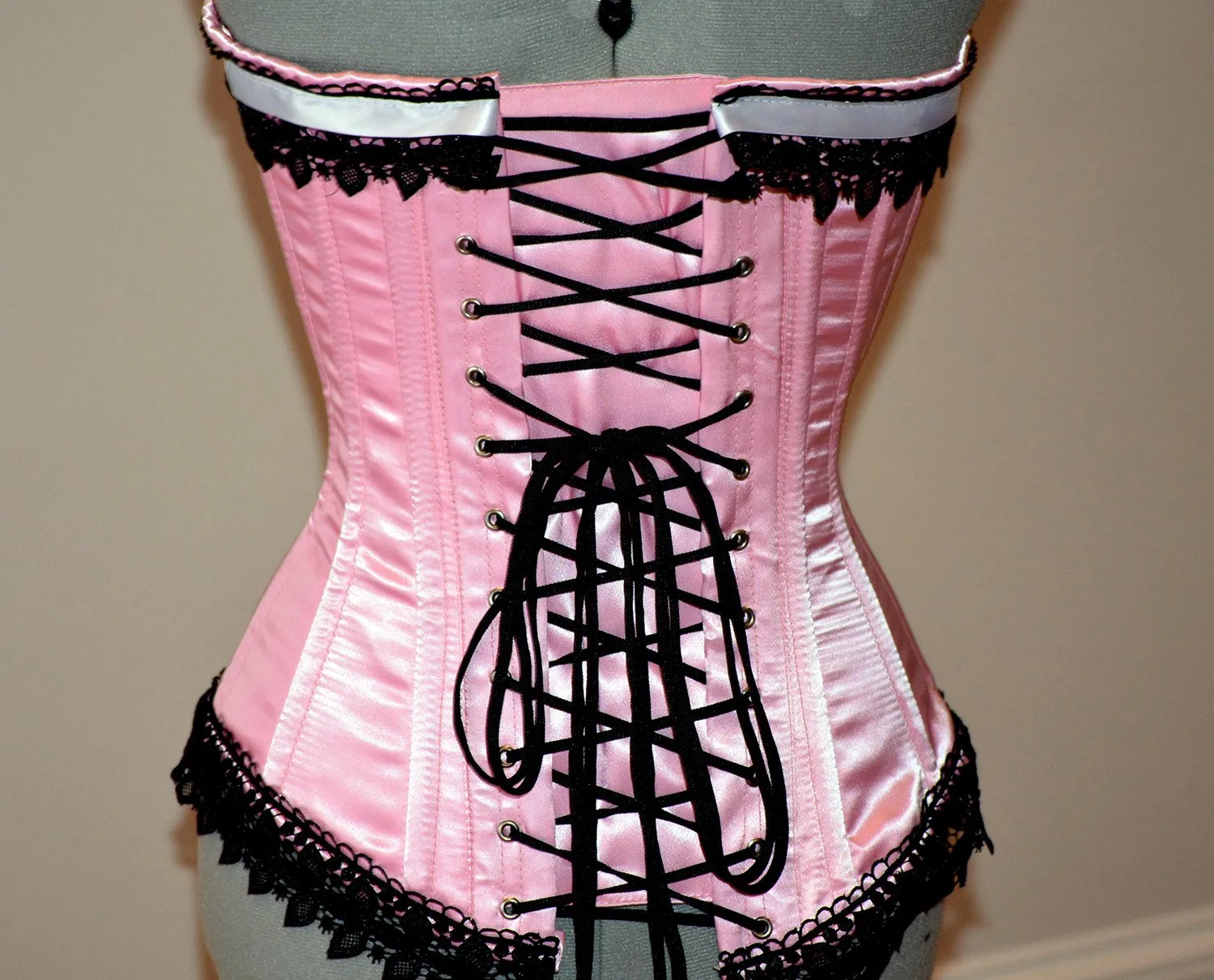 Historic pink satin overbust authentic corset with black lace. Steel-boned corset for tightlacing. Prom, gothic, steampunk Victorian corset.