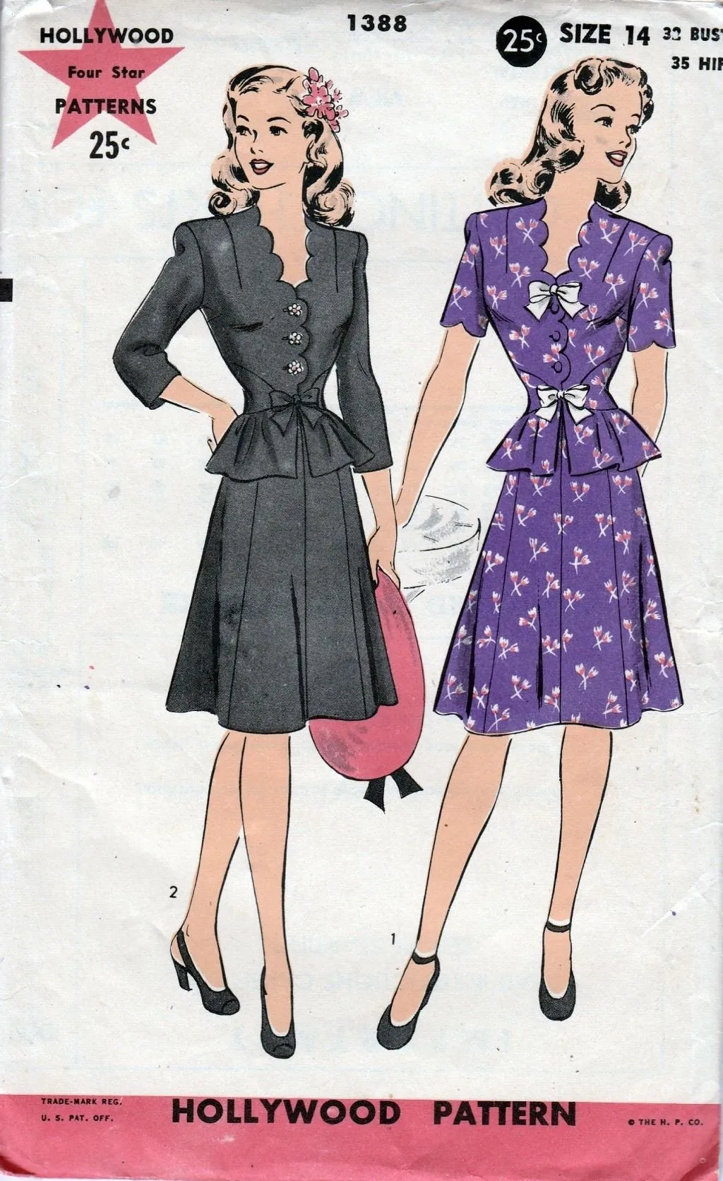 Hollywood 1388 Vintage 1940's Sewing Pattern Ladies Suit Dress Peplum Scallop Detail