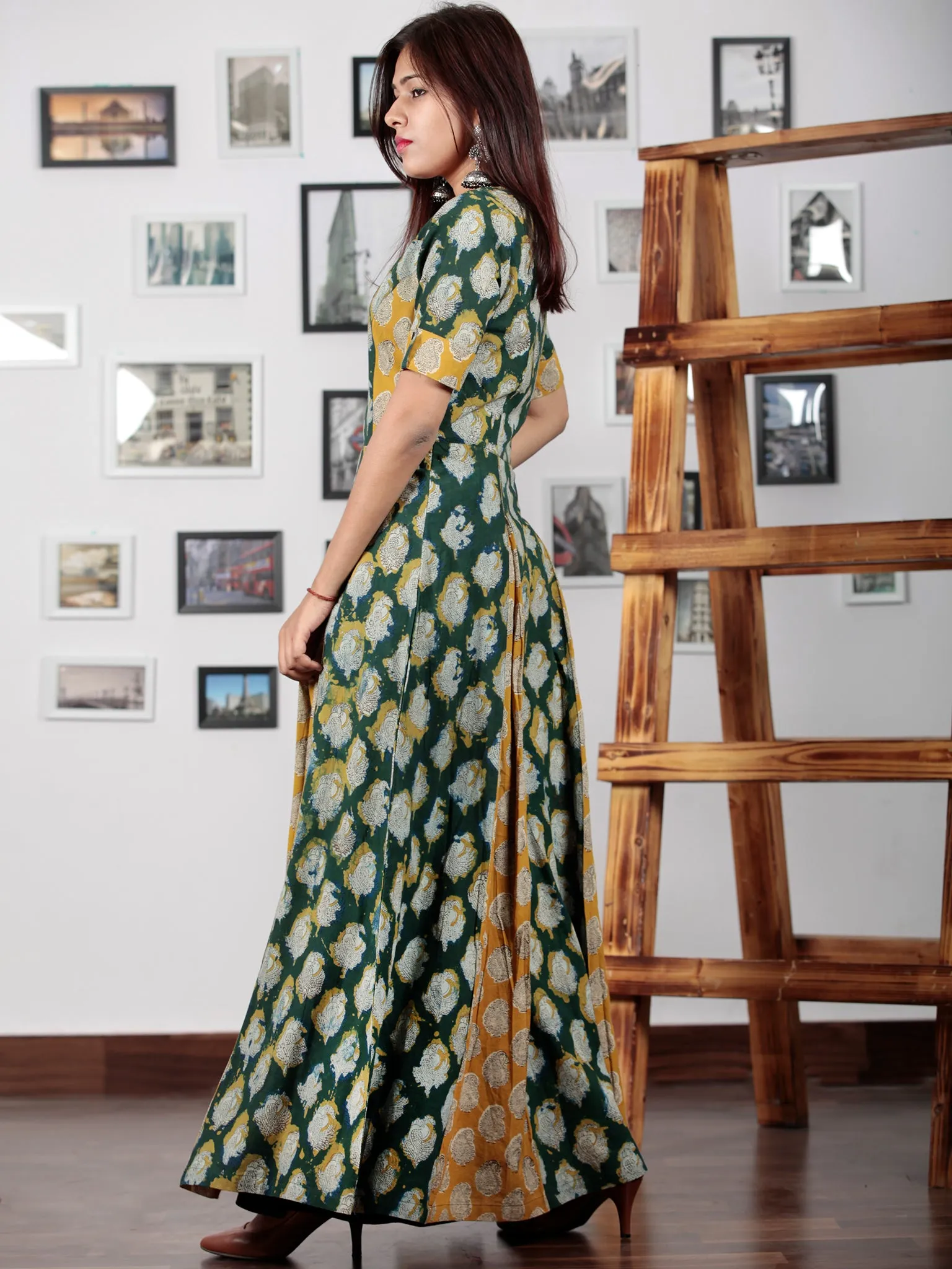 Hunter Green Yellow Ivory Hand Block Printed Cotton Long Dress With Inverted Pleates - D228F1142