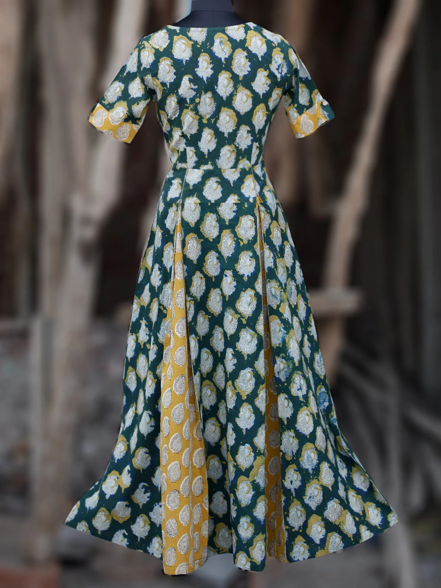 Hunter Green Yellow Ivory Hand Block Printed Cotton Long Dress With Inverted Pleates - D228F1142