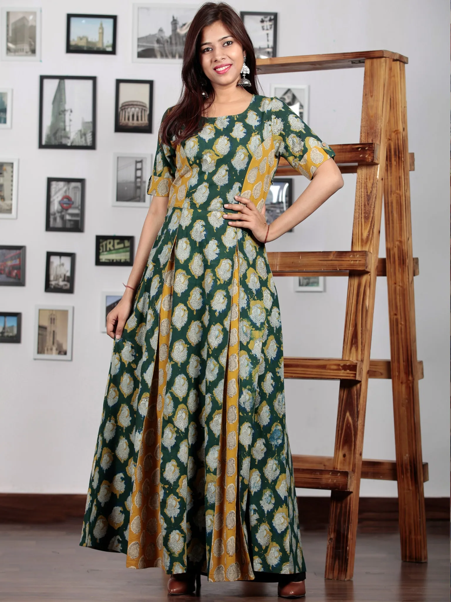 Hunter Green Yellow Ivory Hand Block Printed Cotton Long Dress With Inverted Pleates - D228F1142