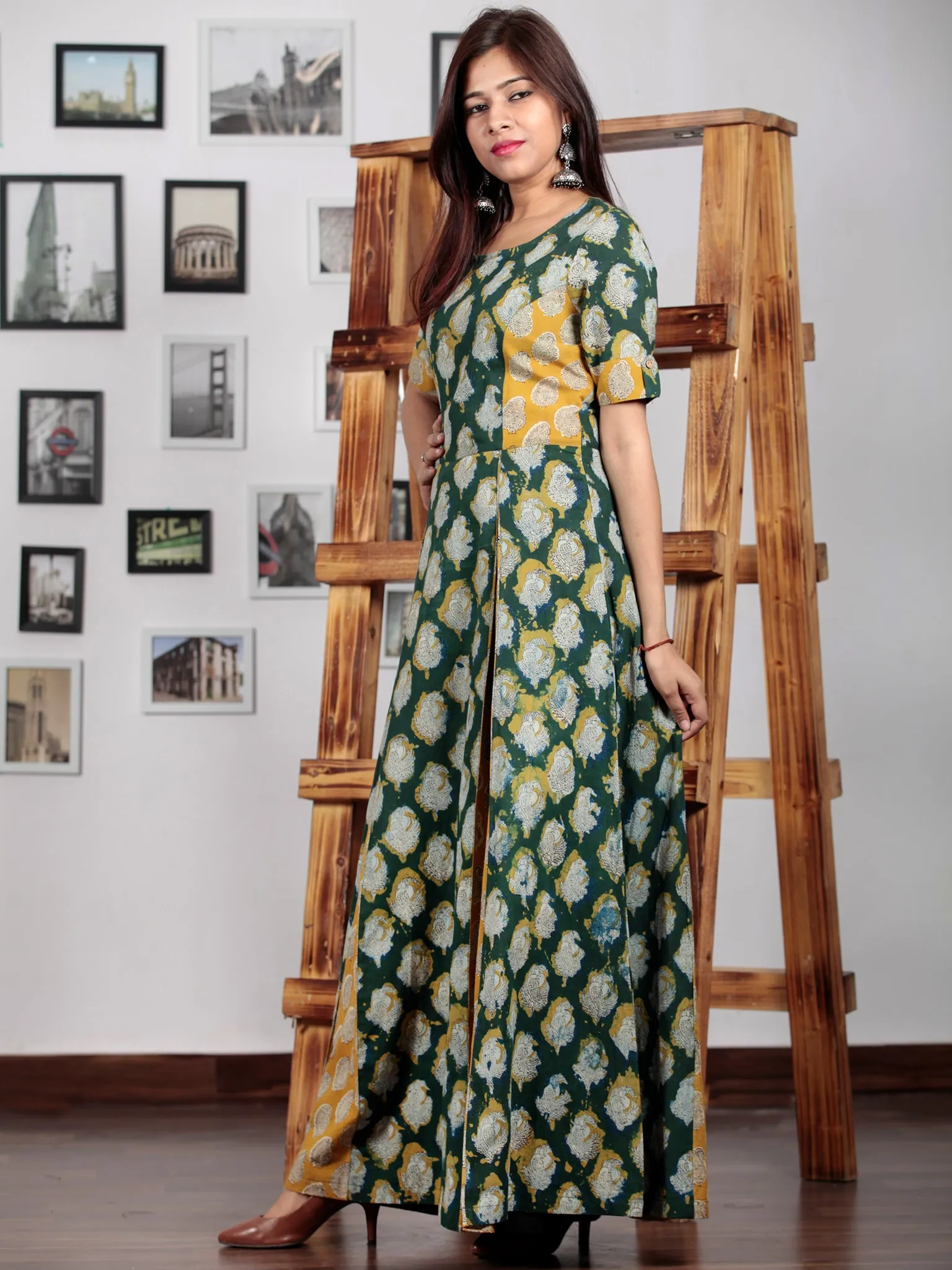 Hunter Green Yellow Ivory Hand Block Printed Cotton Long Dress With Inverted Pleates - D228F1142