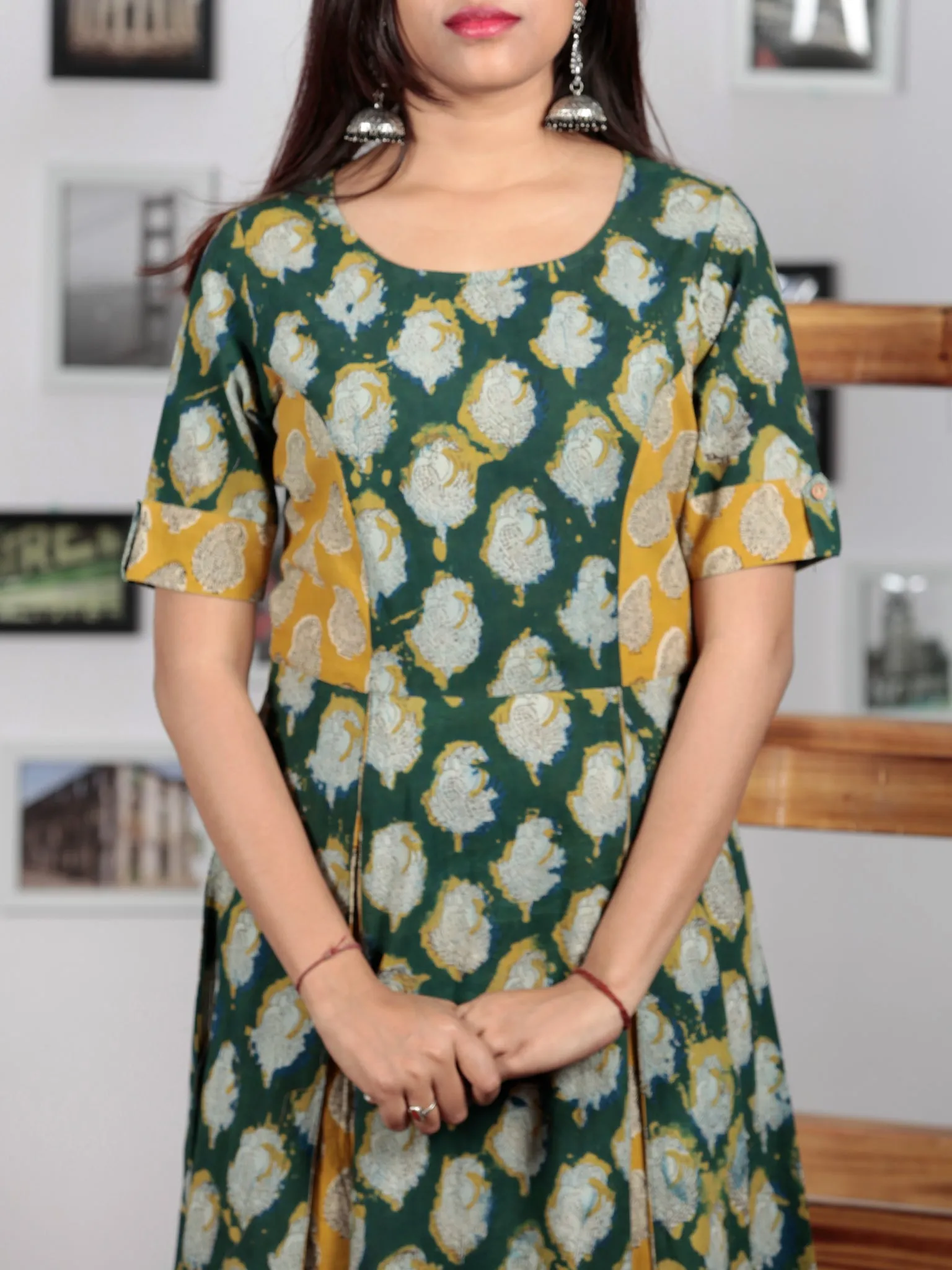 Hunter Green Yellow Ivory Hand Block Printed Cotton Long Dress With Inverted Pleates - D228F1142