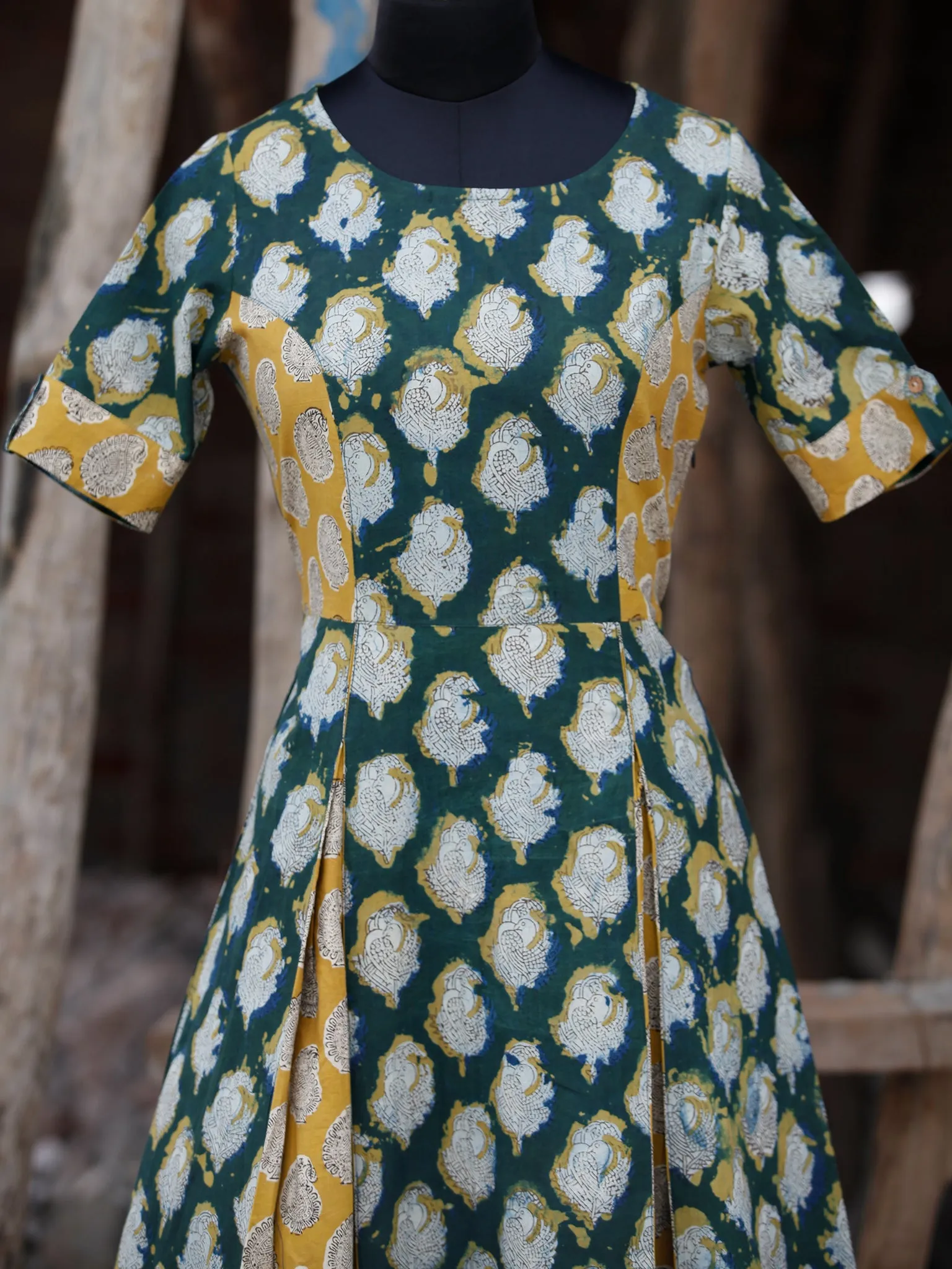 Hunter Green Yellow Ivory Hand Block Printed Cotton Long Dress With Inverted Pleates - D228F1142