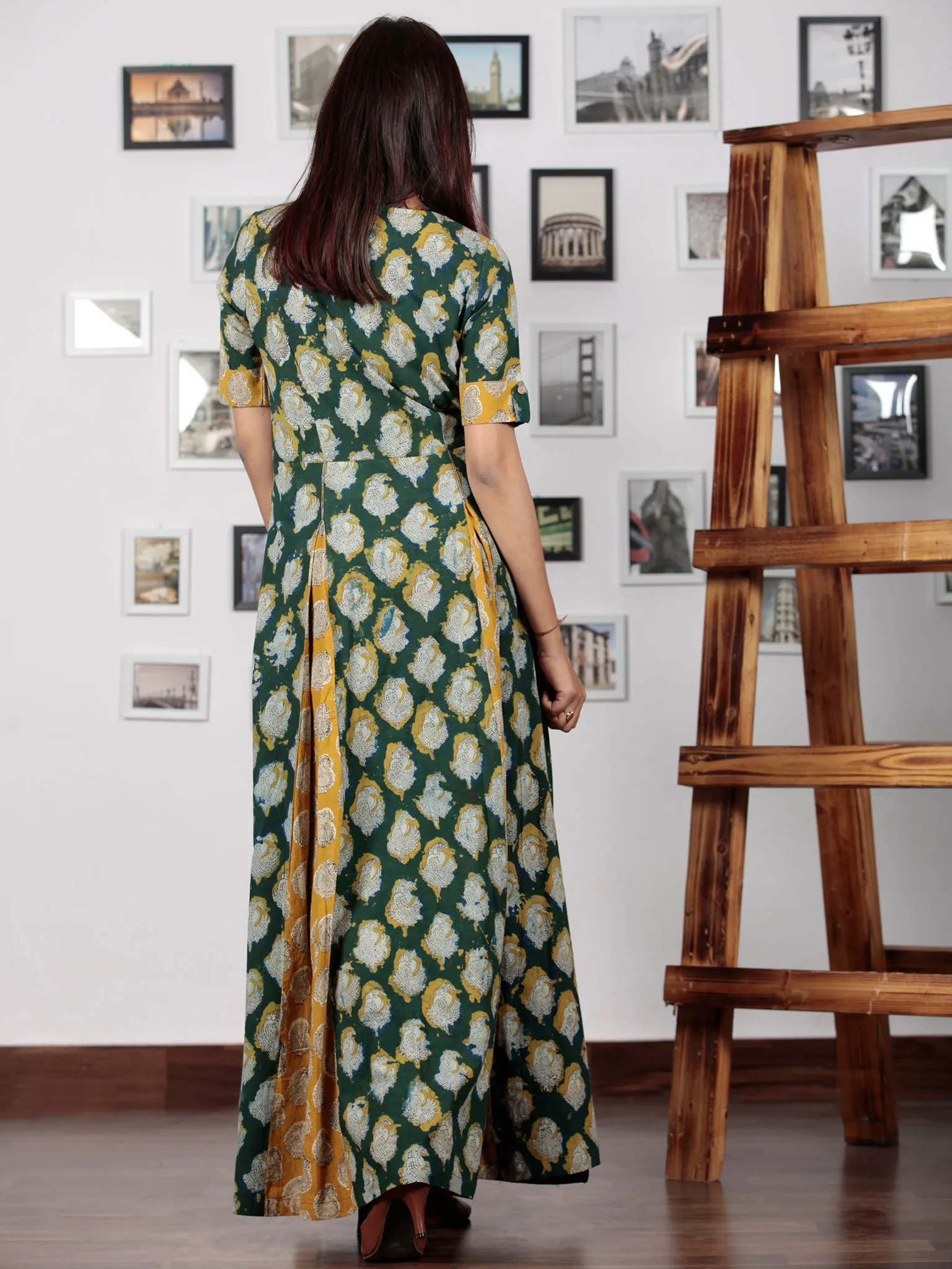 Hunter Green Yellow Ivory Hand Block Printed Cotton Long Dress With Inverted Pleates - D228F1142