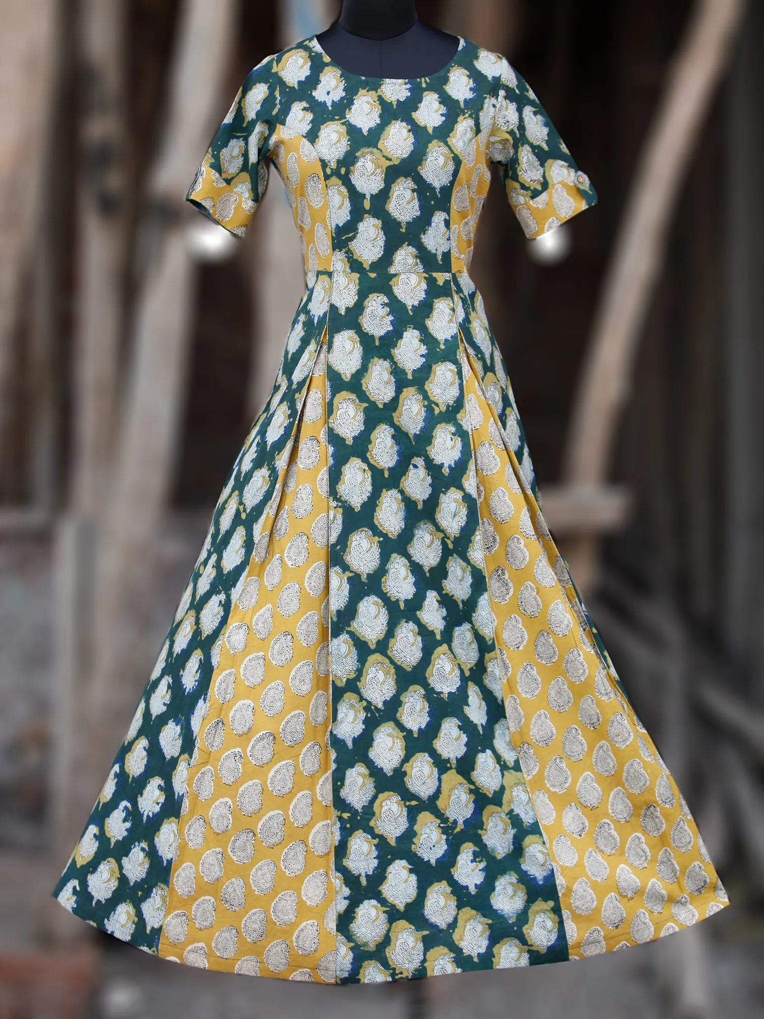 Hunter Green Yellow Ivory Hand Block Printed Cotton Long Dress With Inverted Pleates - D228F1142