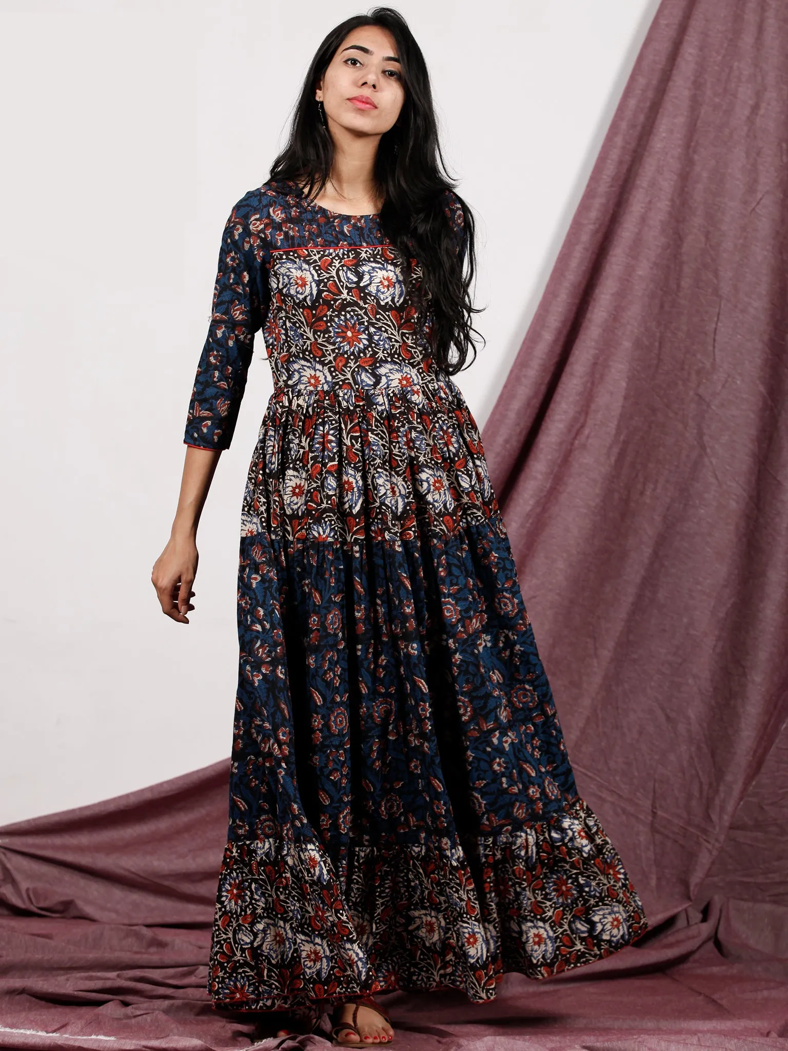 Indigo Black Rust Ivory Hand Block Printed Long Cotton Tier Dress With Pin Tuck Neck - D221F1320