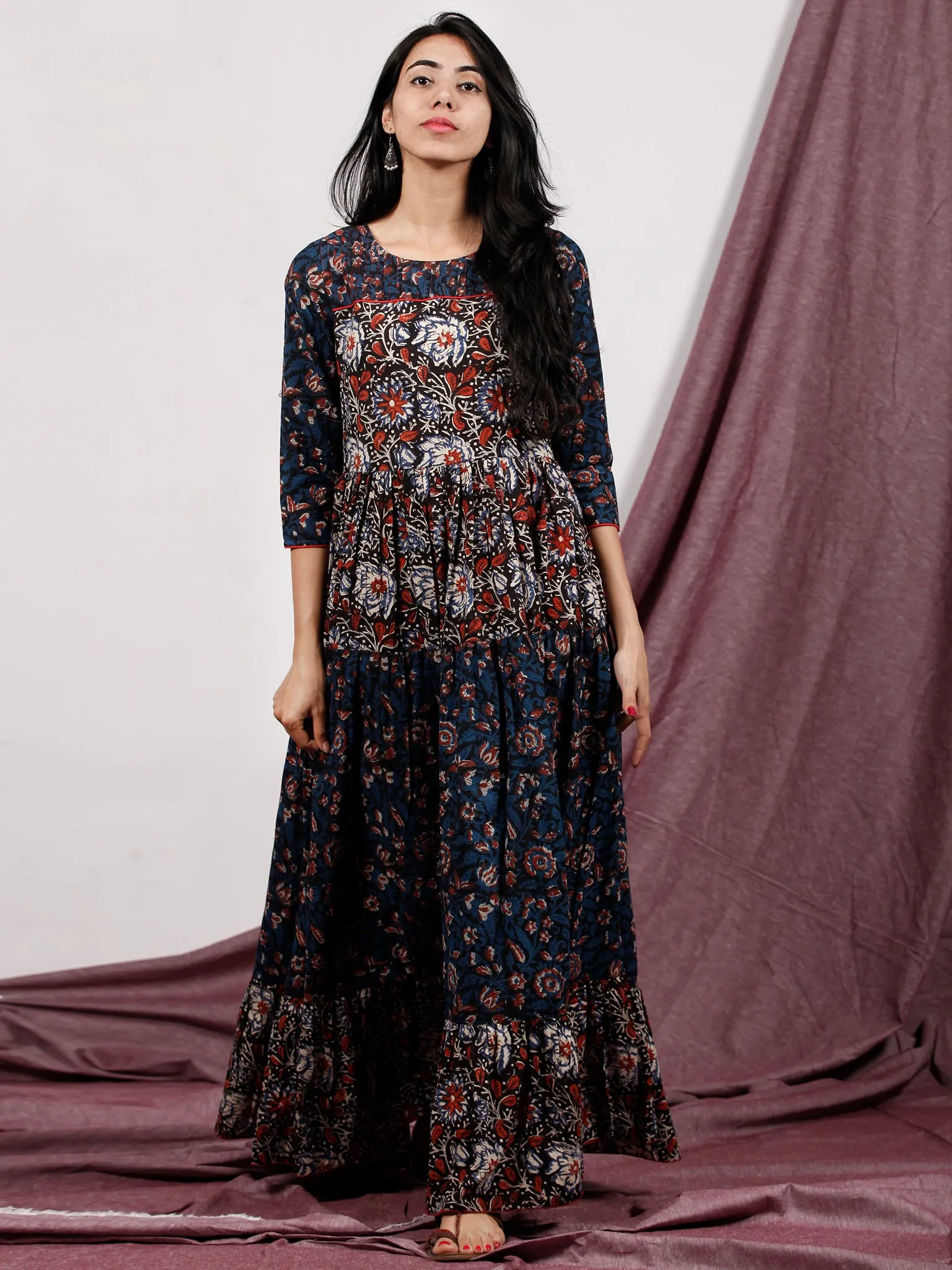 Indigo Black Rust Ivory Hand Block Printed Long Cotton Tier Dress With Pin Tuck Neck - D221F1320