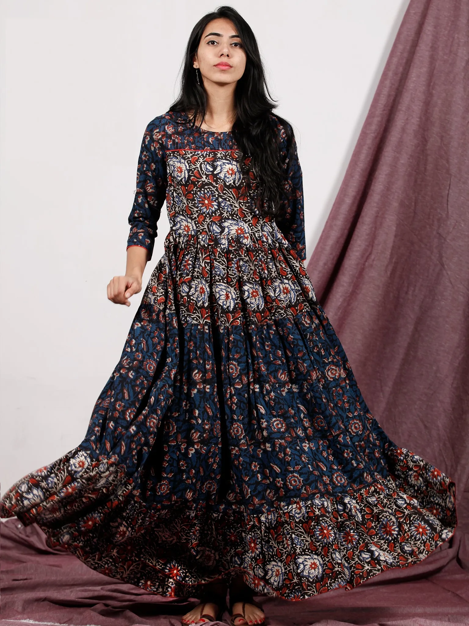 Indigo Black Rust Ivory Hand Block Printed Long Cotton Tier Dress With Pin Tuck Neck - D221F1320