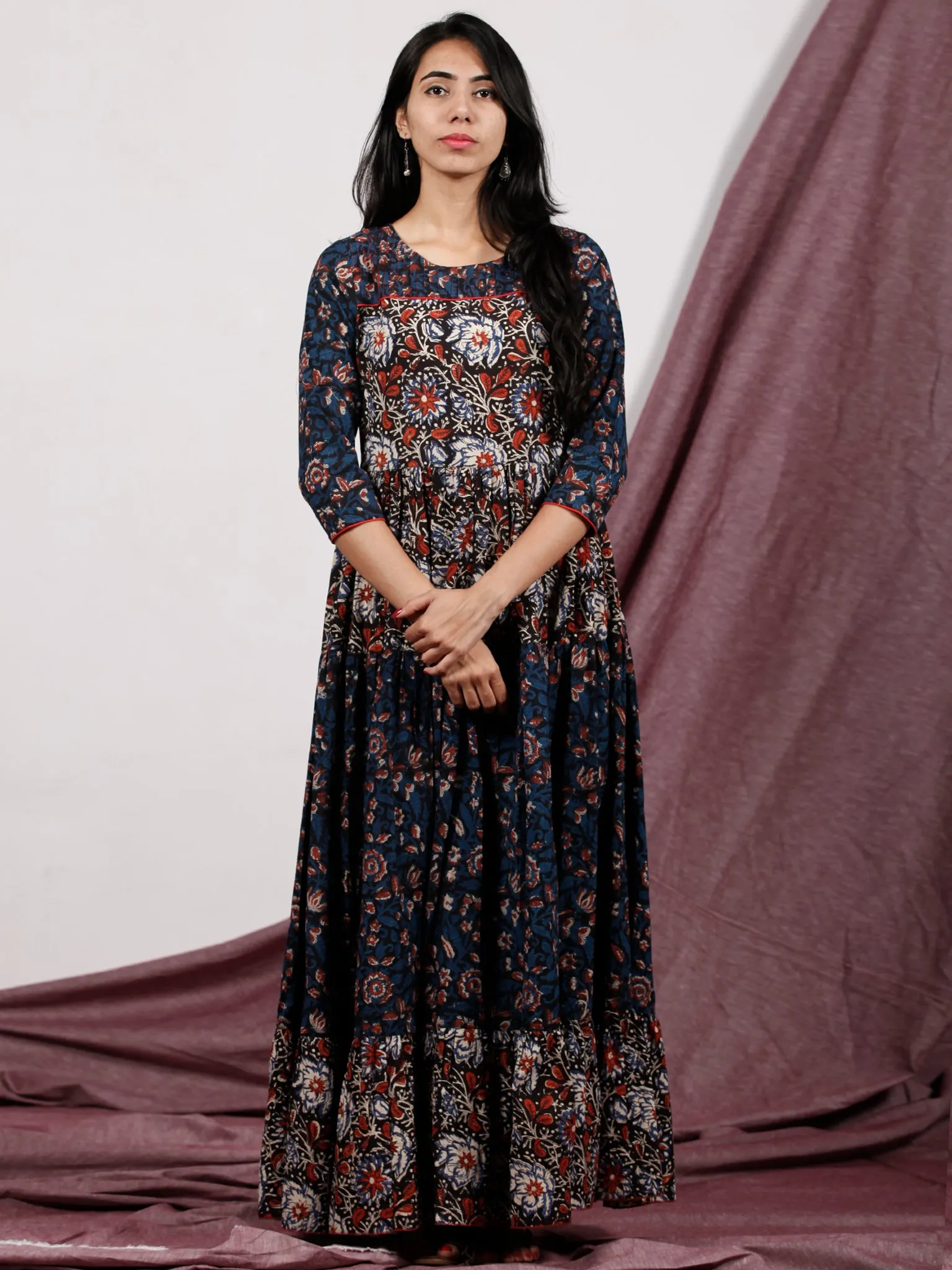 Indigo Black Rust Ivory Hand Block Printed Long Cotton Tier Dress With Pin Tuck Neck - D221F1320