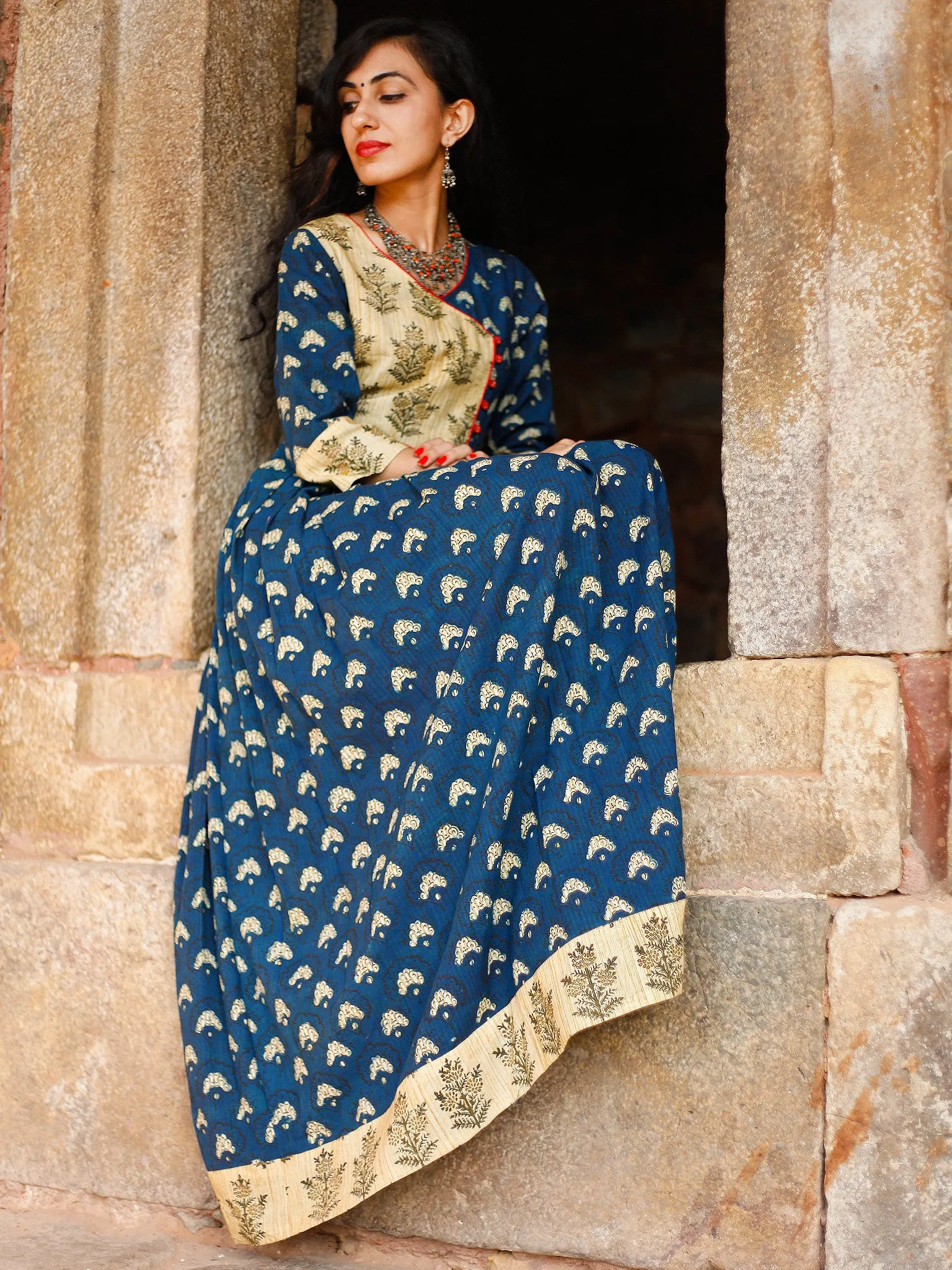 Indigo Garden - Hand Block Printed Long Angrakha Dress - D375F999