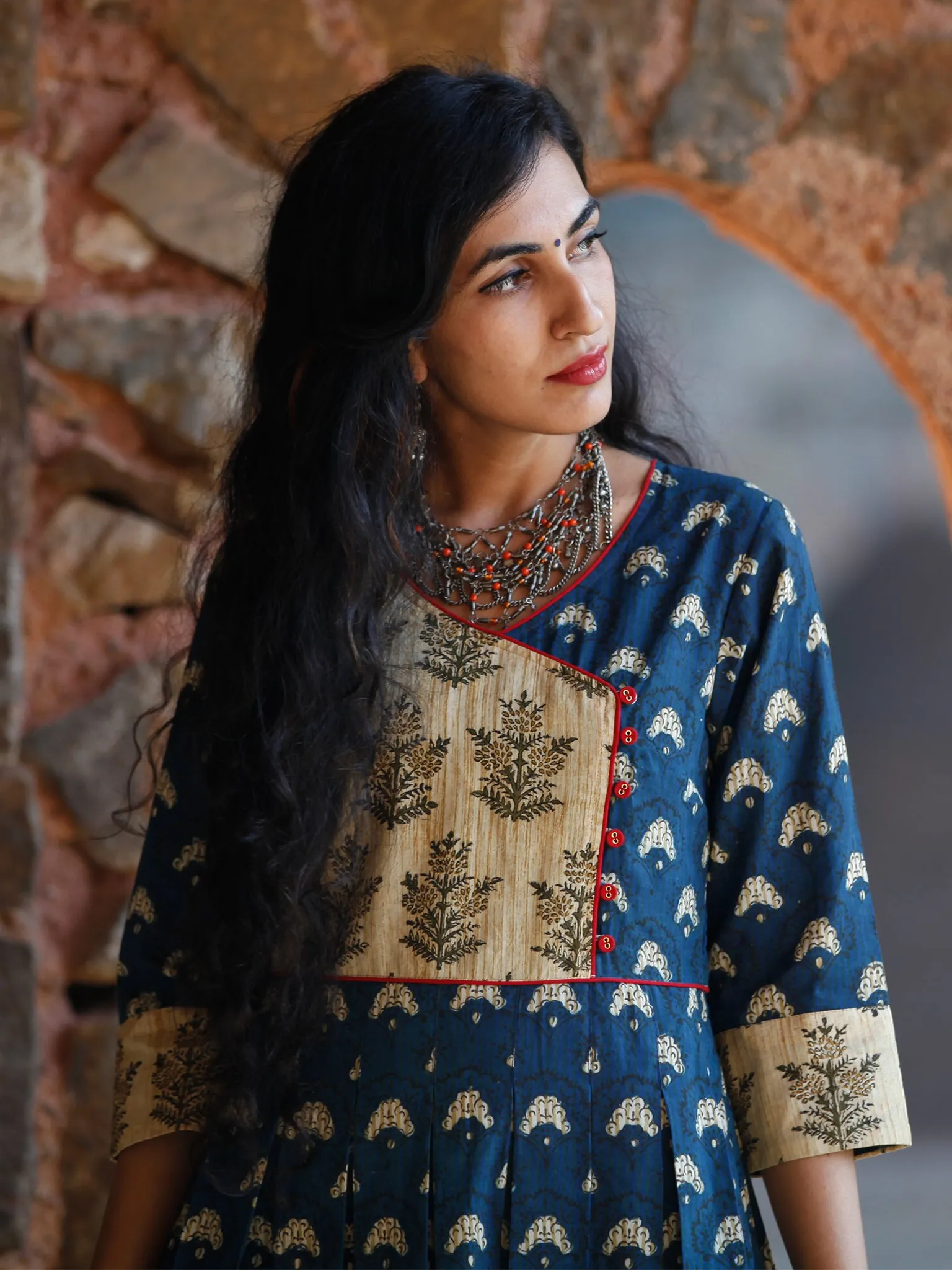 Indigo Garden - Hand Block Printed Long Angrakha Dress - D375F999