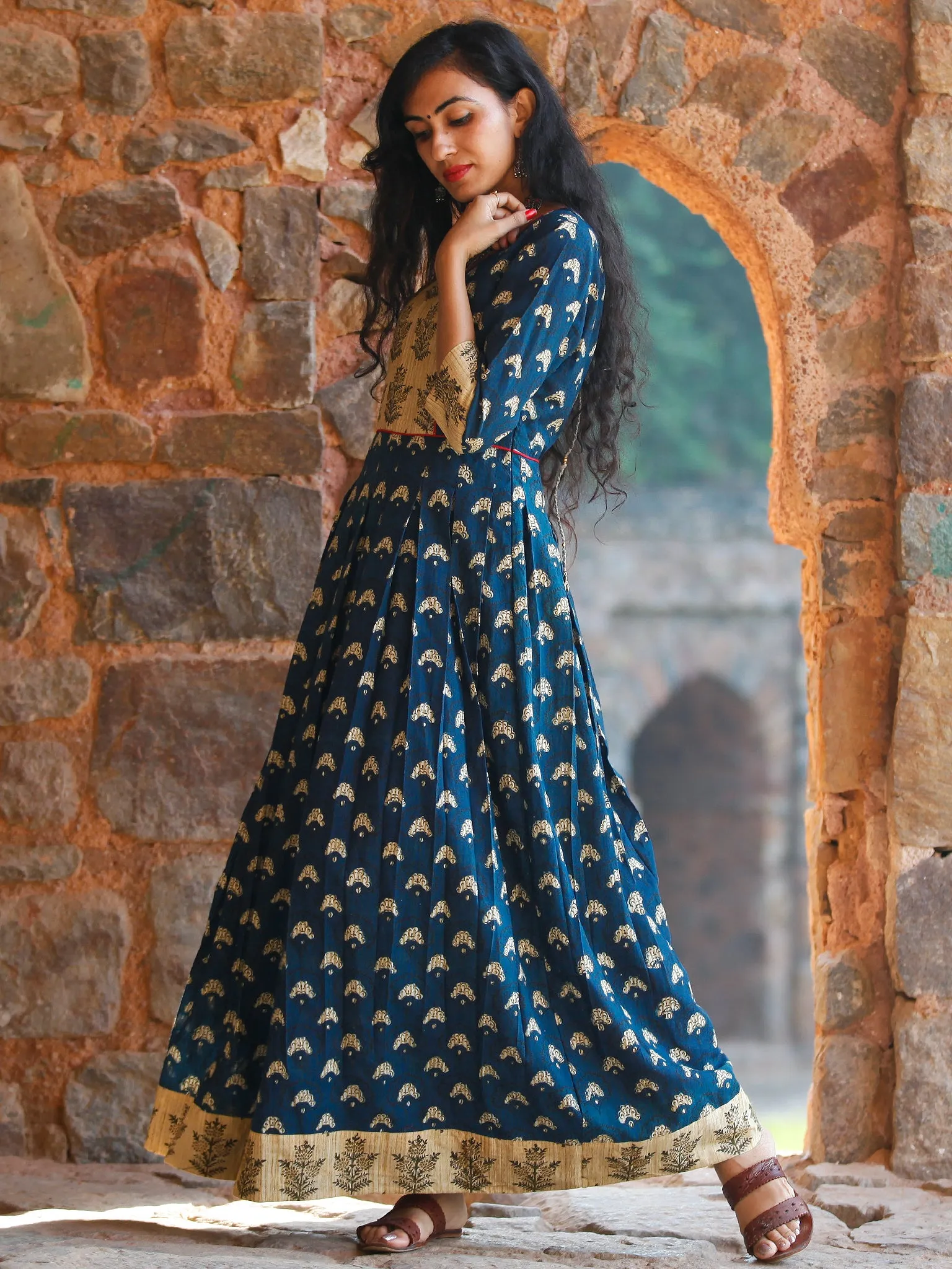 Indigo Garden - Hand Block Printed Long Angrakha Dress - D375F999