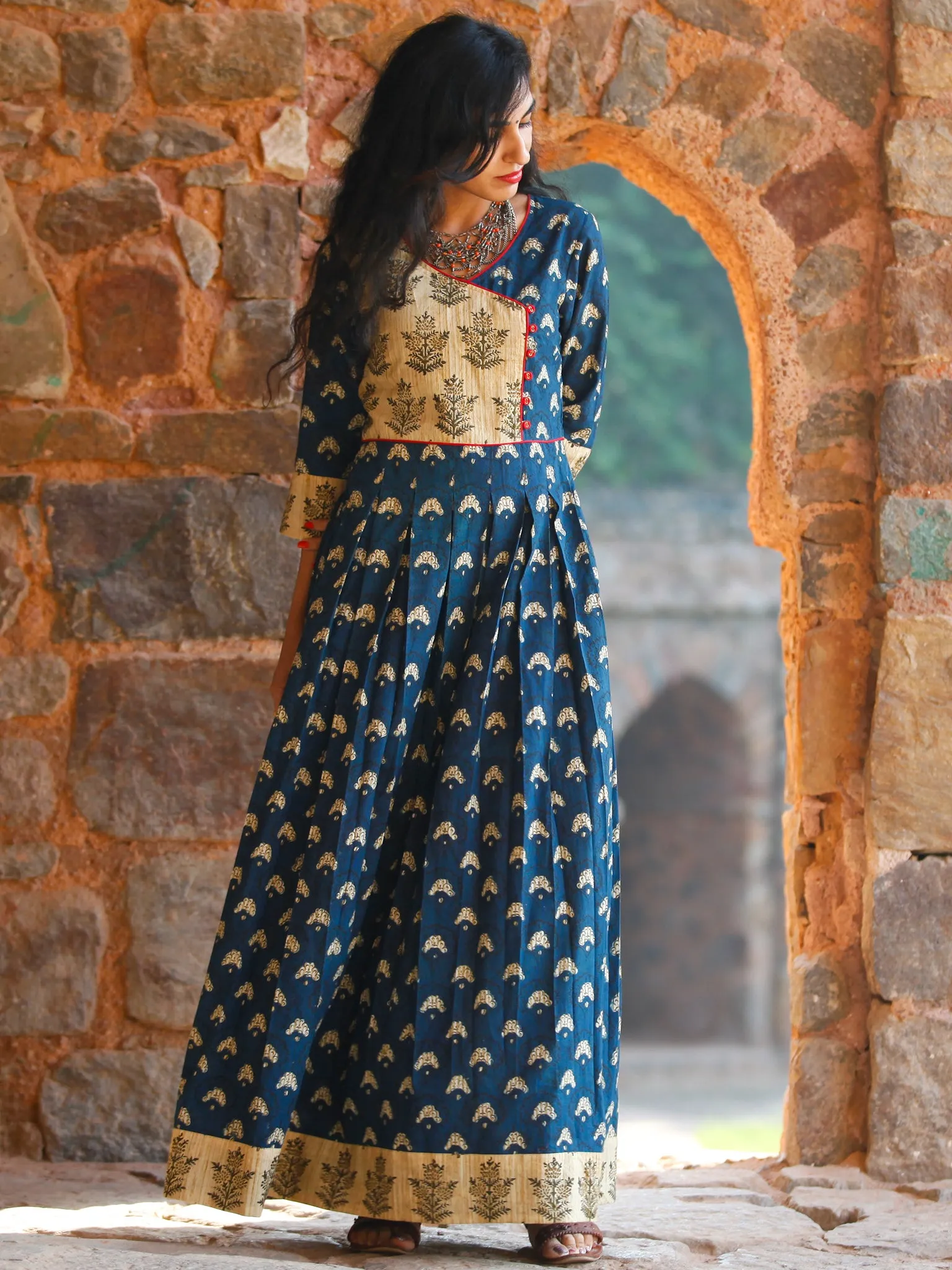 Indigo Garden - Hand Block Printed Long Angrakha Dress - D375F999