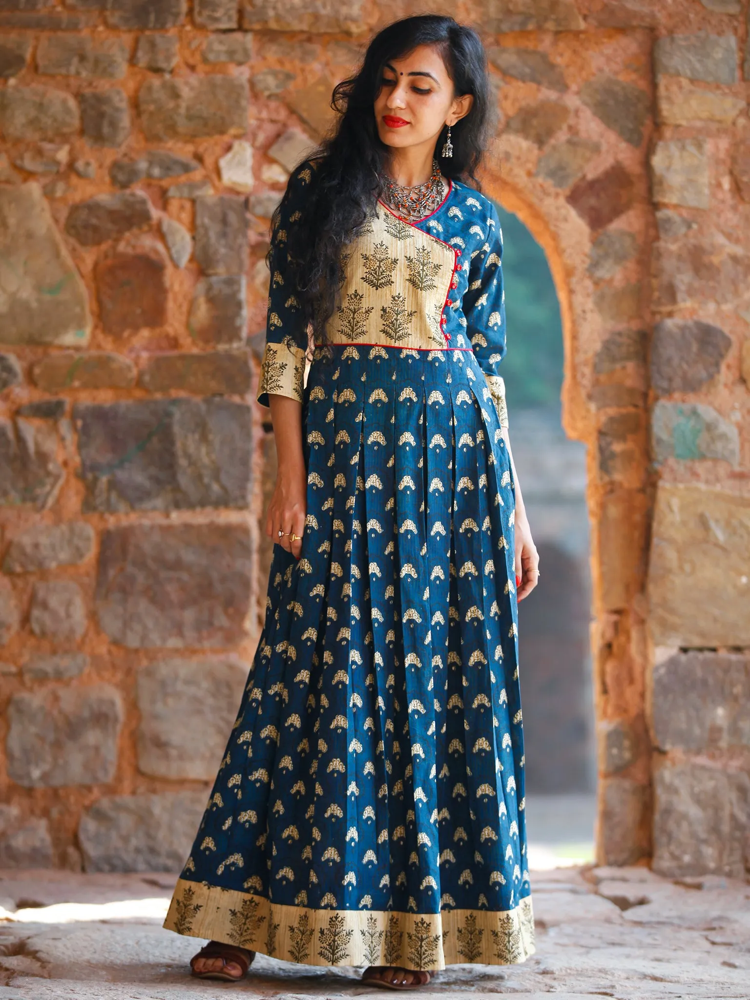 Indigo Garden - Hand Block Printed Long Angrakha Dress - D375F999