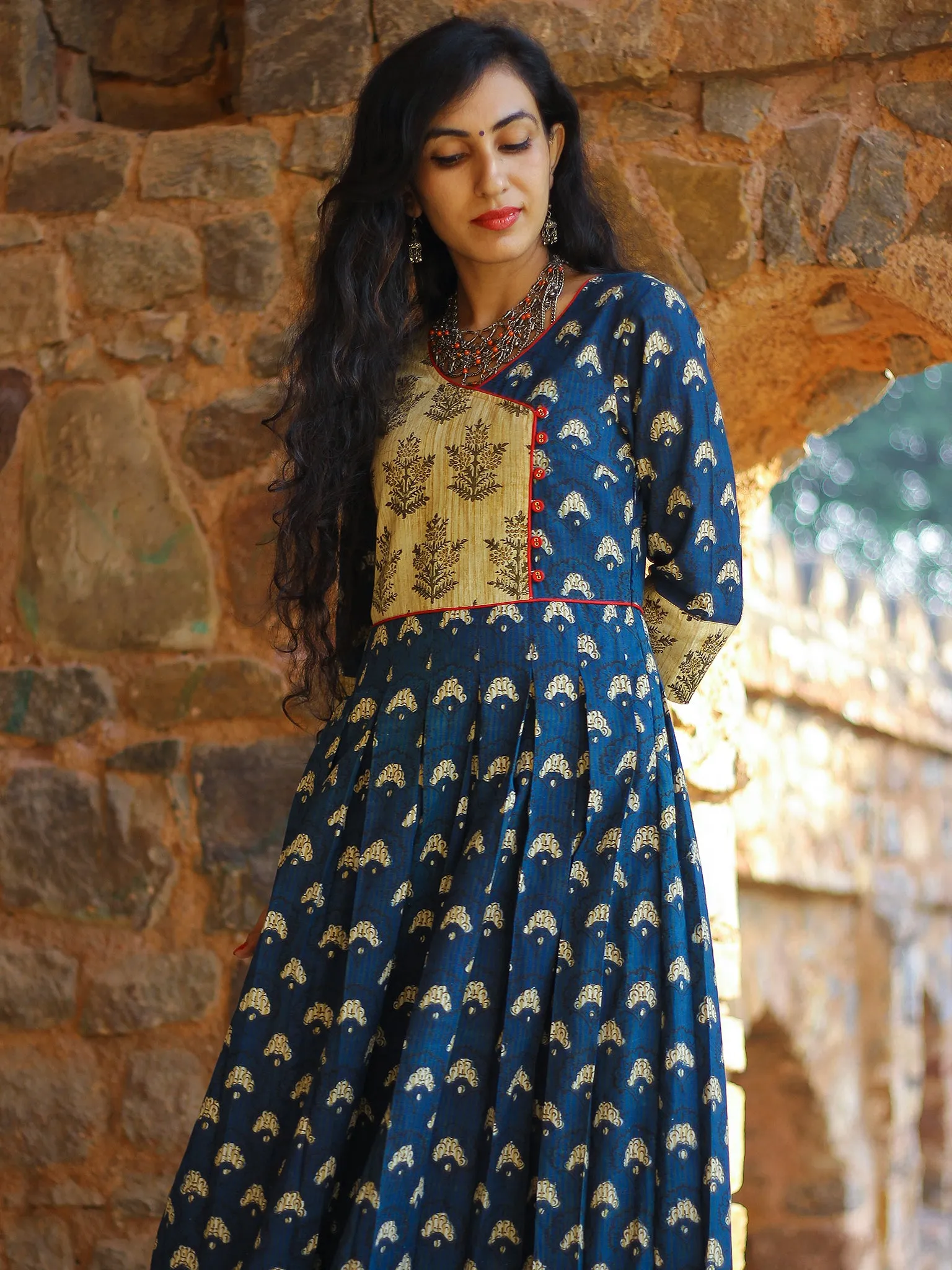 Indigo Garden - Hand Block Printed Long Angrakha Dress - D375F999