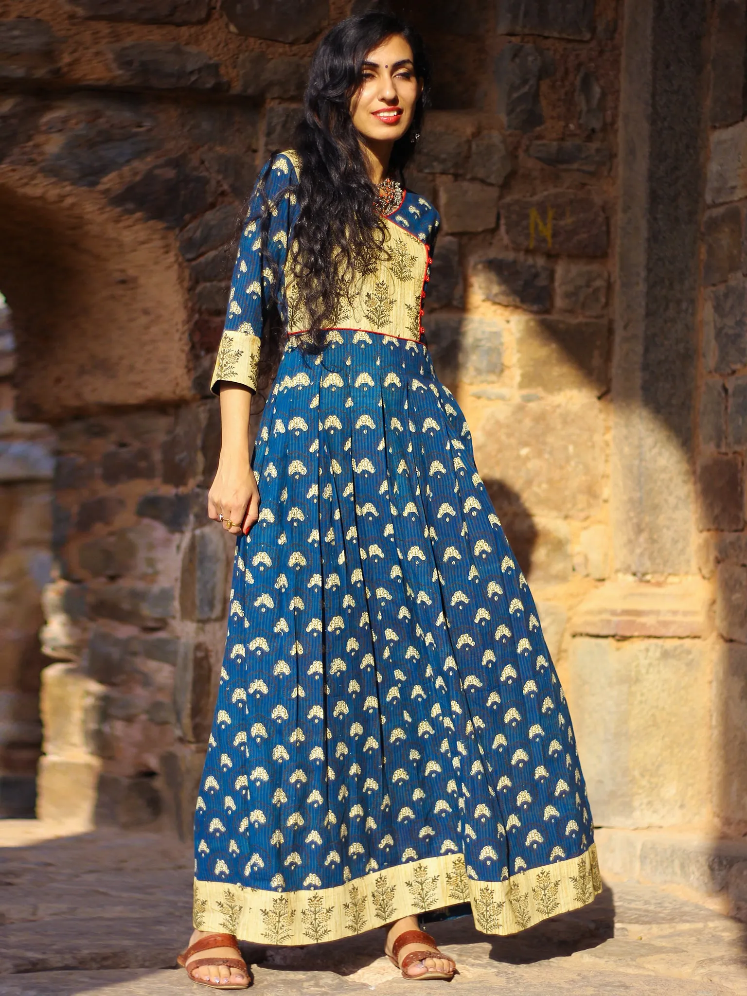 Indigo Garden - Hand Block Printed Long Angrakha Dress - D375F999