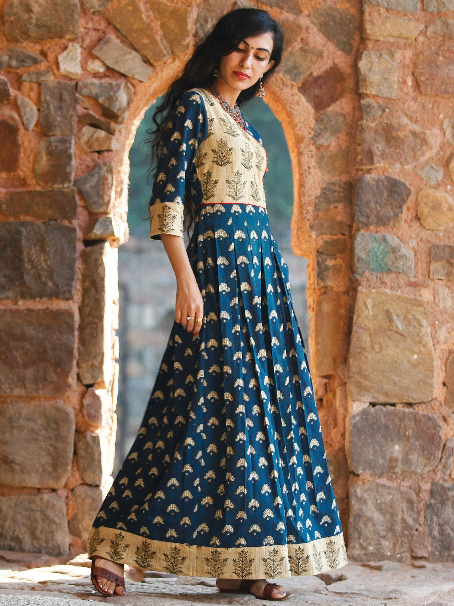 Indigo Garden - Hand Block Printed Long Angrakha Dress - D375F999