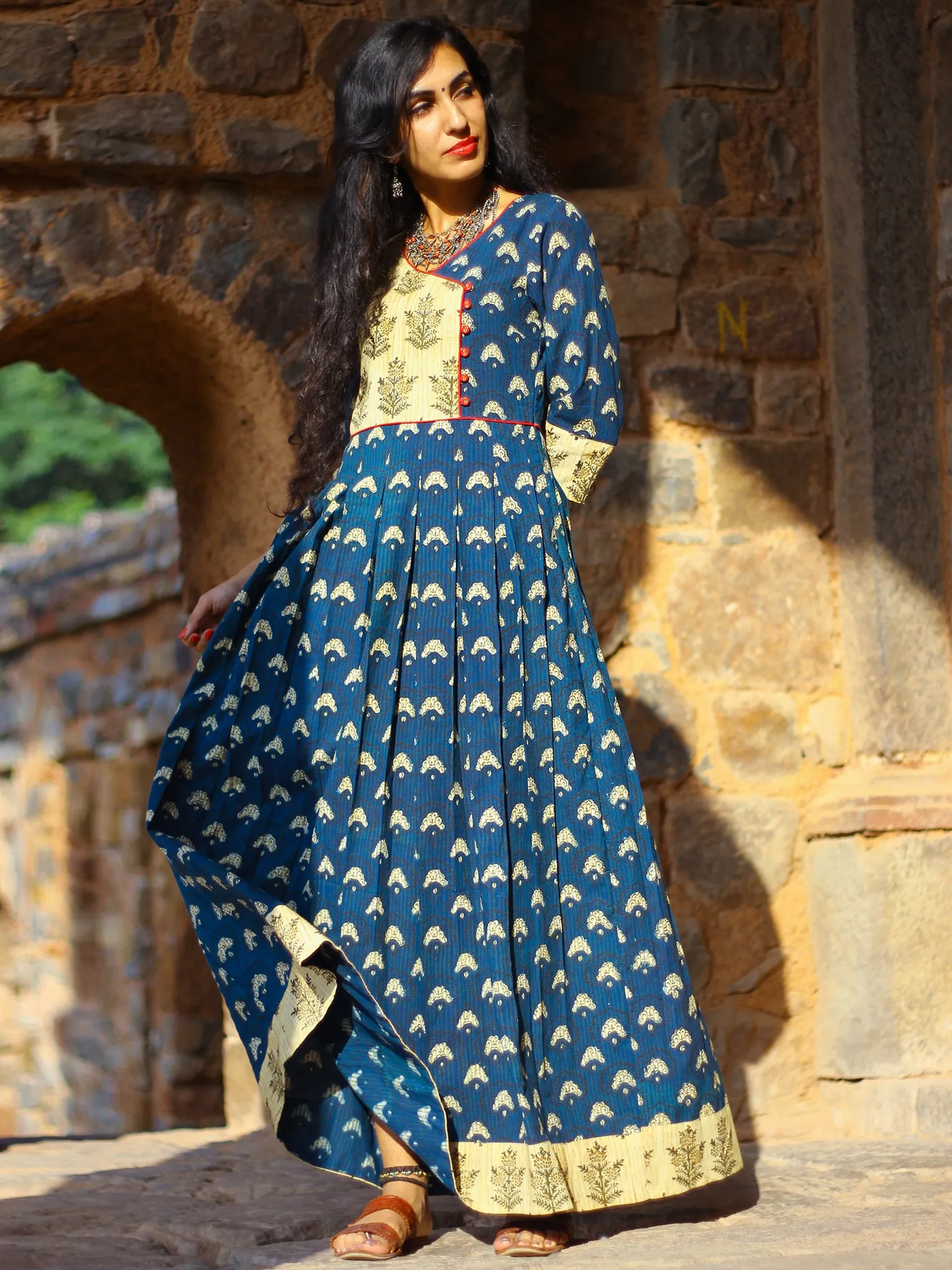 Indigo Garden - Hand Block Printed Long Angrakha Dress - D375F999