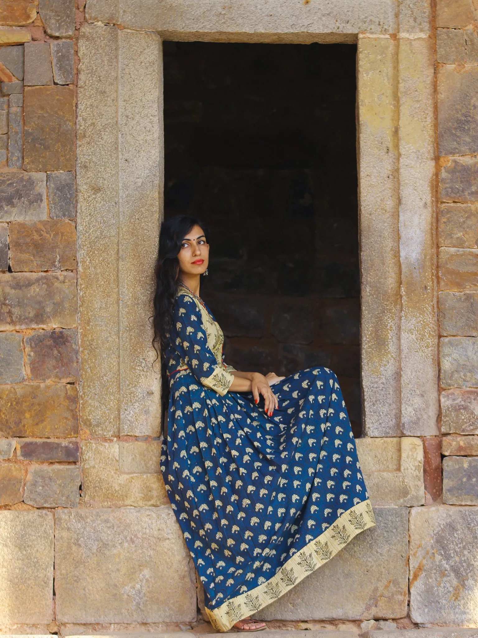 Indigo Garden - Hand Block Printed Long Angrakha Dress - D375F999