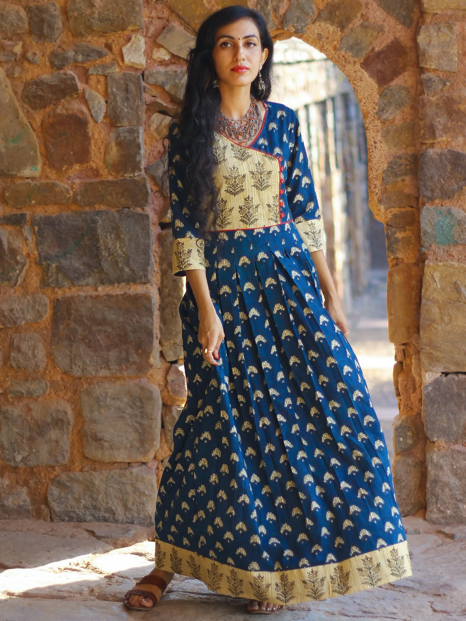 Indigo Garden - Hand Block Printed Long Angrakha Dress - D375F999