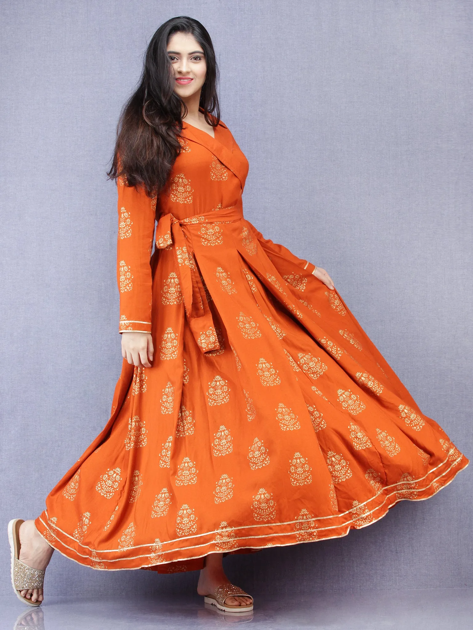 Jahanara - Rust Orange Gold Printed Long Box Pleated Dress - D379F2003