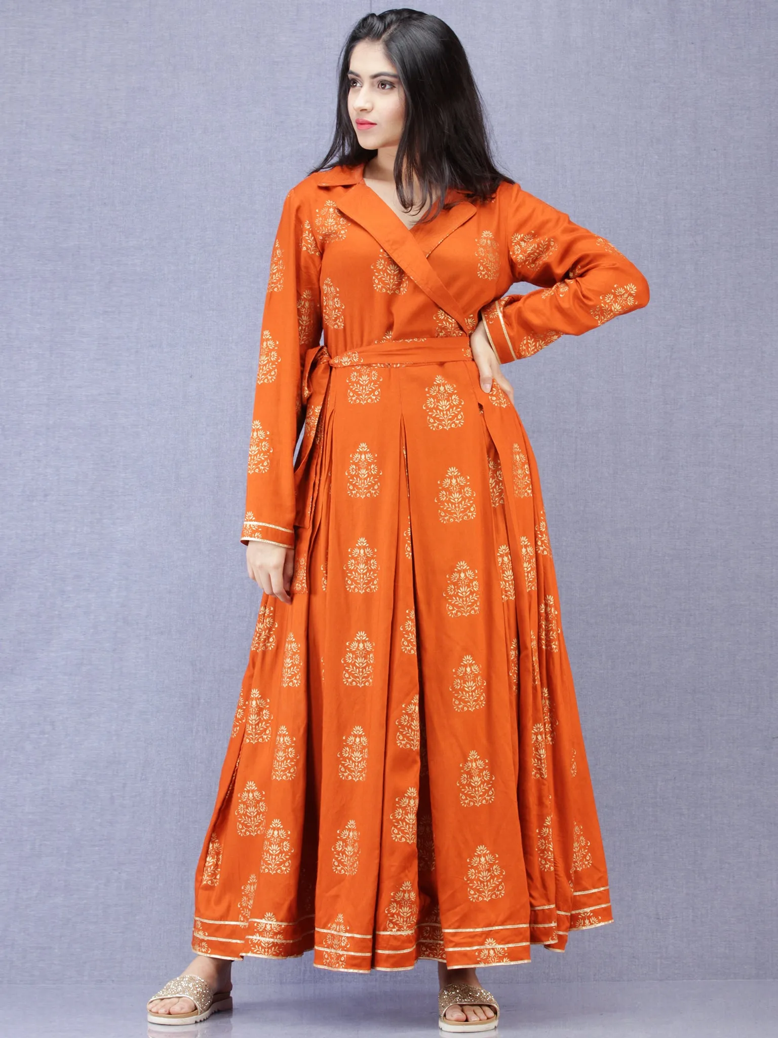 Jahanara - Rust Orange Gold Printed Long Box Pleated Dress - D379F2003