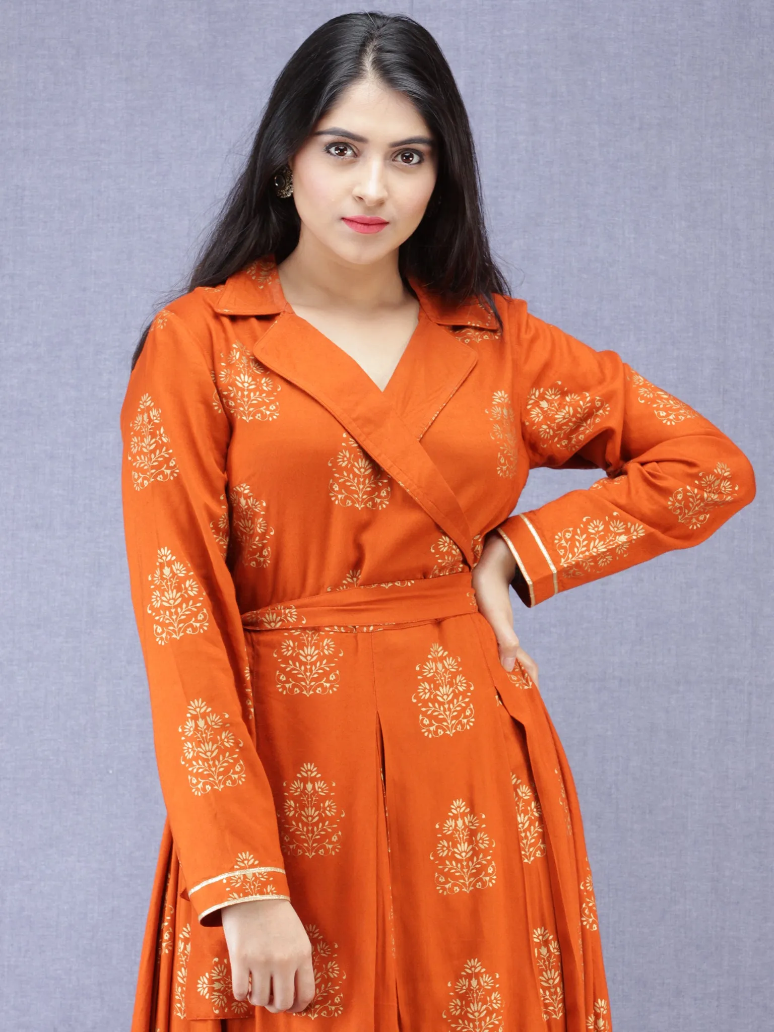 Jahanara - Rust Orange Gold Printed Long Box Pleated Dress - D379F2003