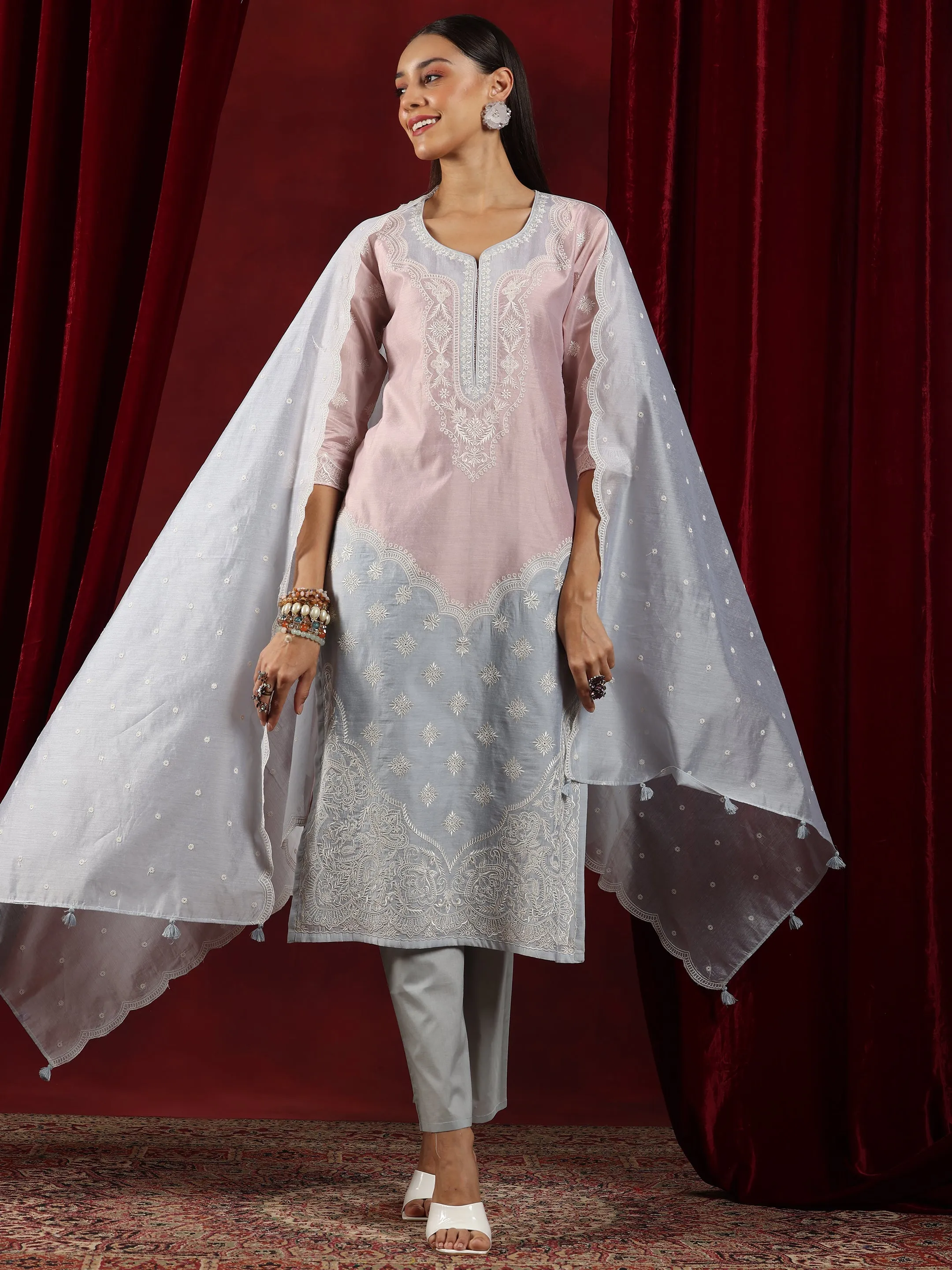 Jashvi Art Grey Yoke Design Chanderi Silk Straight Suit With Dupatta