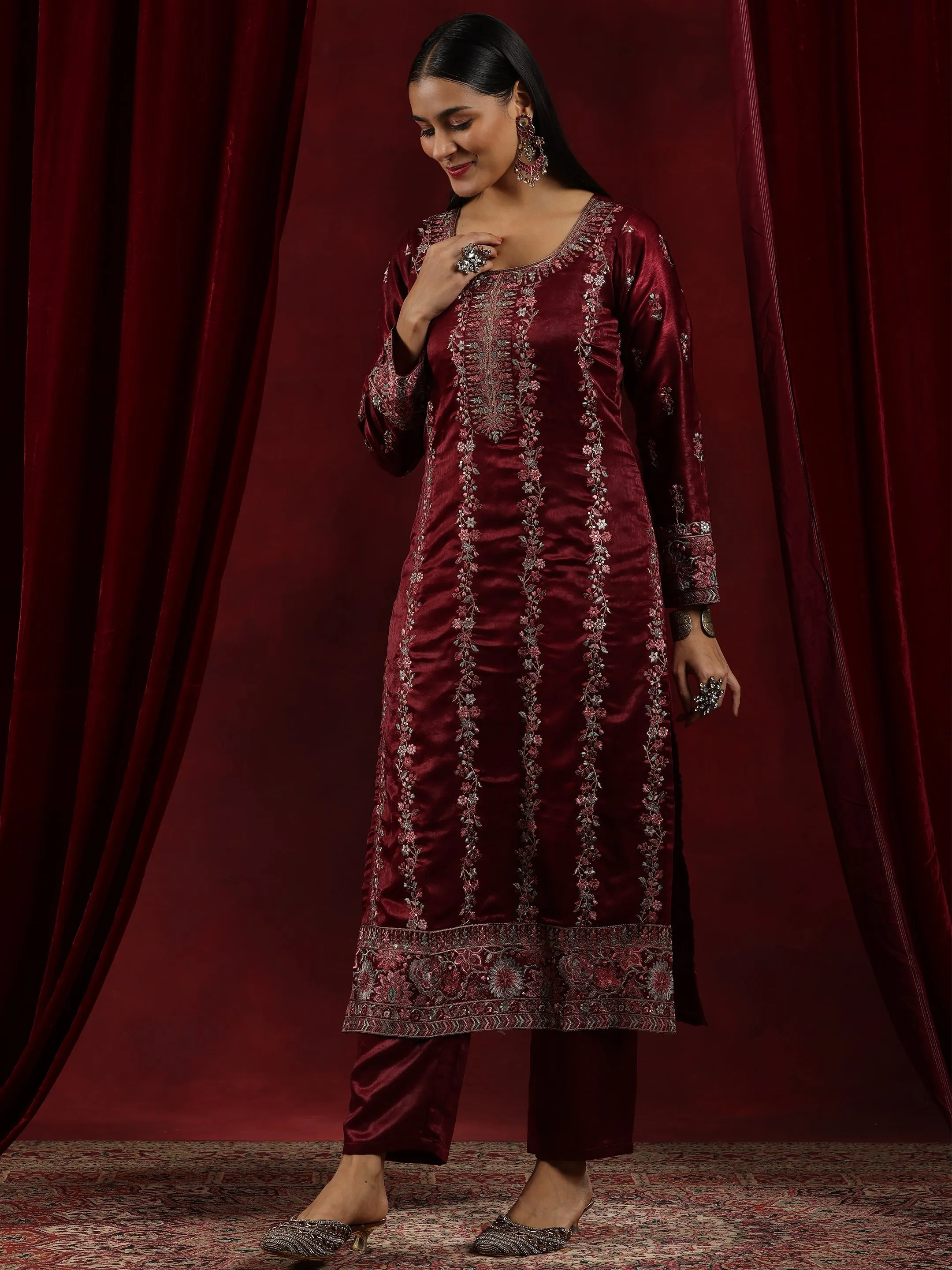 Jashvi Art Maroon Embroidered Silk Straight Suit With Dupatta