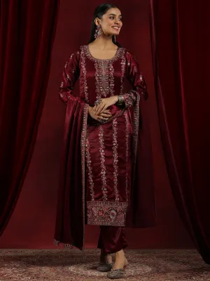 Jashvi Art Maroon Embroidered Silk Straight Suit With Dupatta