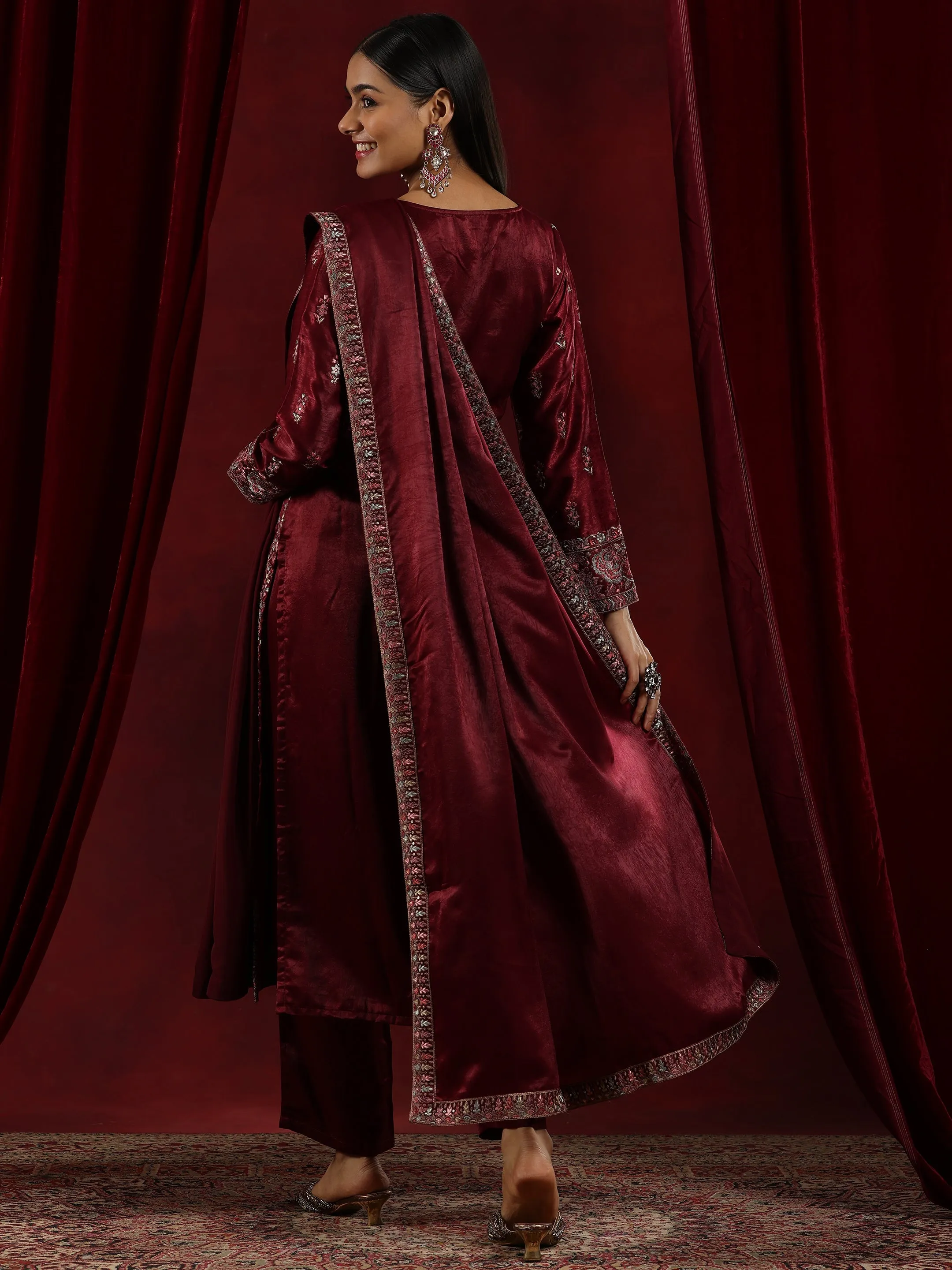 Jashvi Art Maroon Embroidered Silk Straight Suit With Dupatta