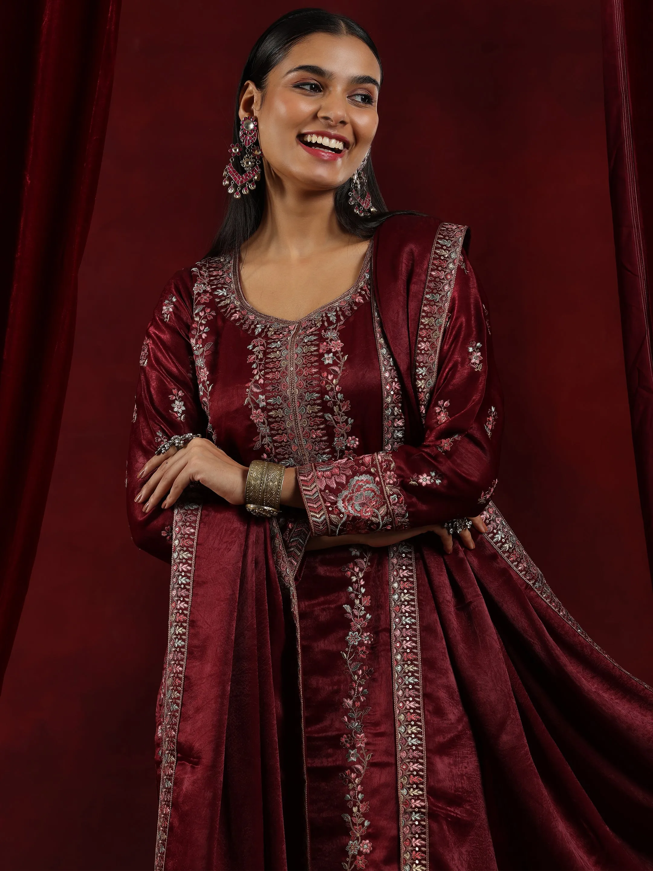 Jashvi Art Maroon Embroidered Silk Straight Suit With Dupatta