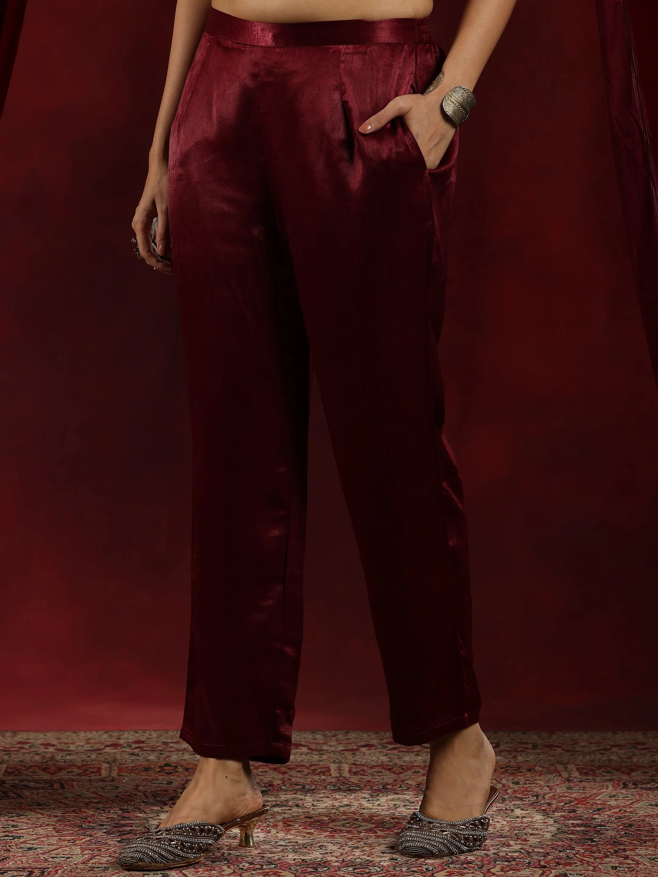 Jashvi Art Maroon Embroidered Silk Straight Suit With Dupatta