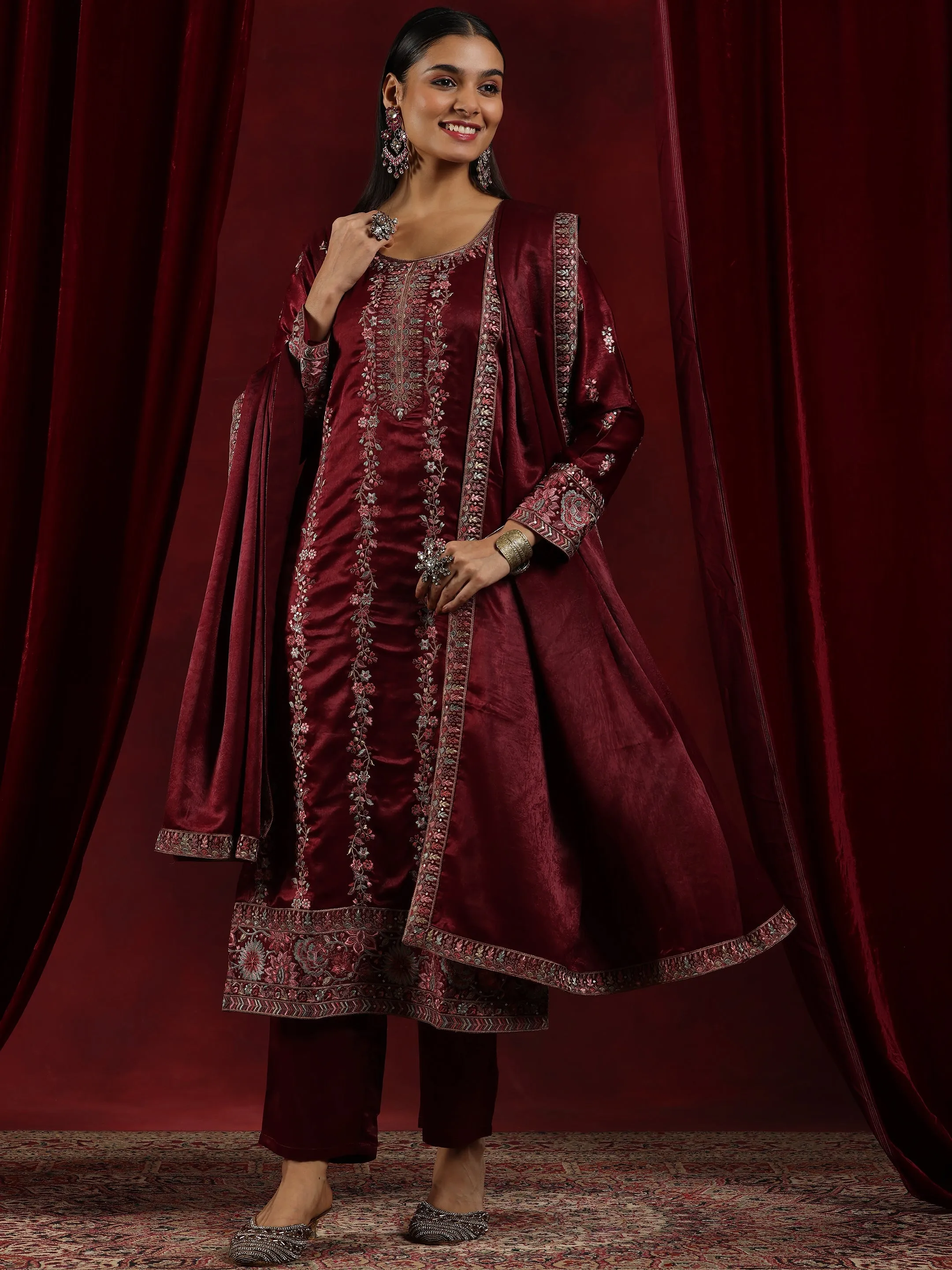 Jashvi Art Maroon Embroidered Silk Straight Suit With Dupatta