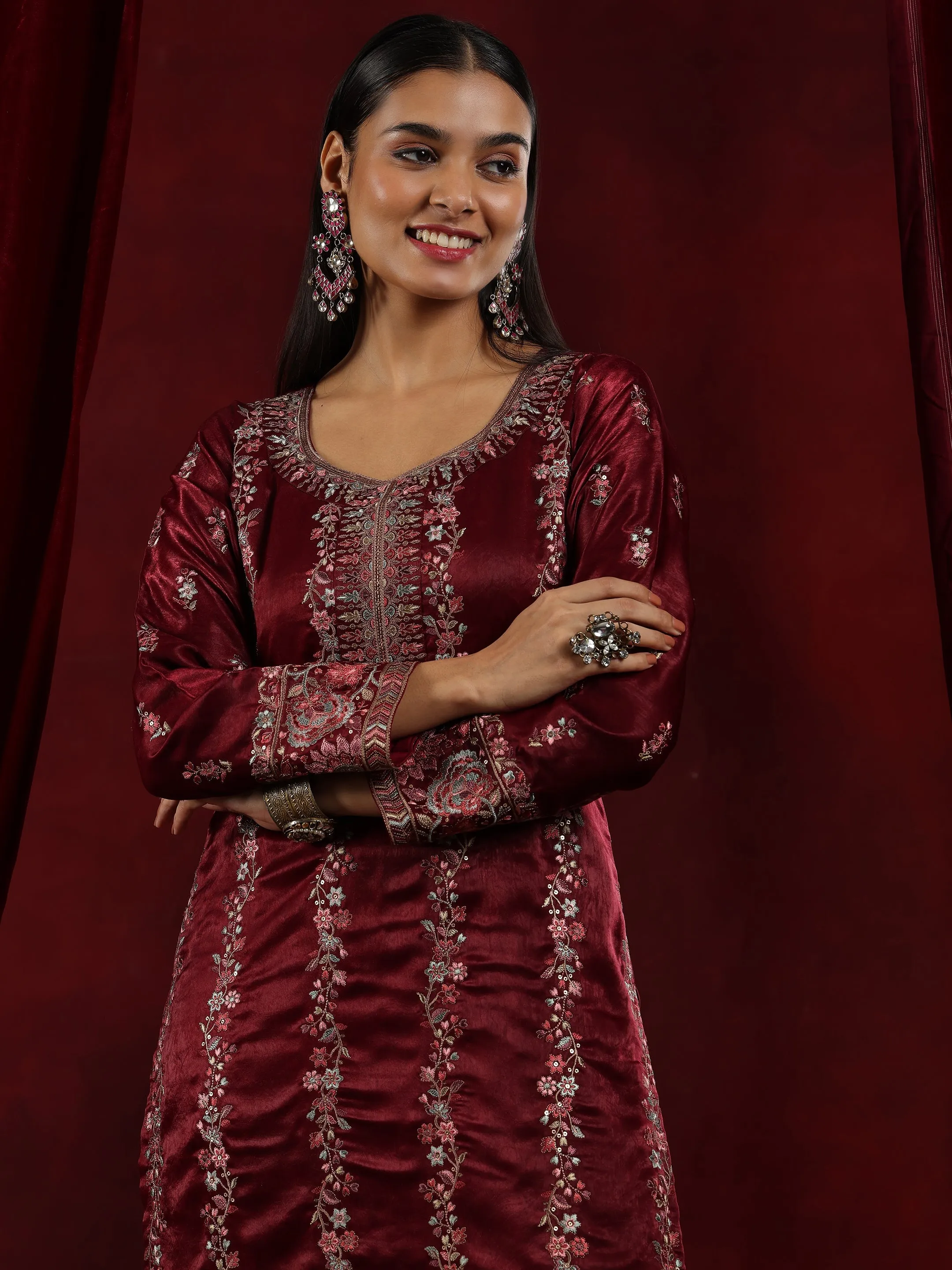 Jashvi Art Maroon Embroidered Silk Straight Suit With Dupatta