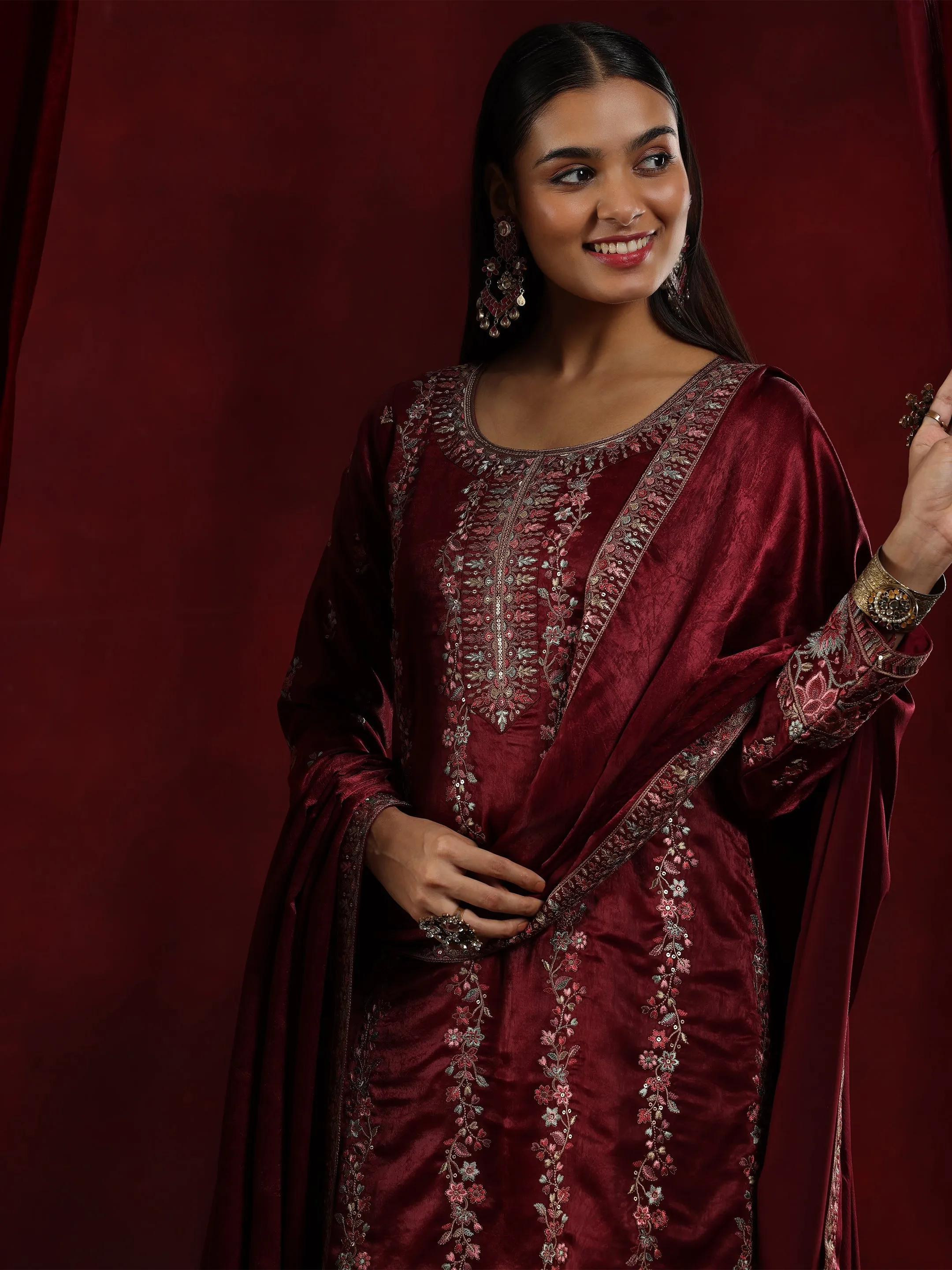 Jashvi Art Maroon Embroidered Silk Straight Suit With Dupatta