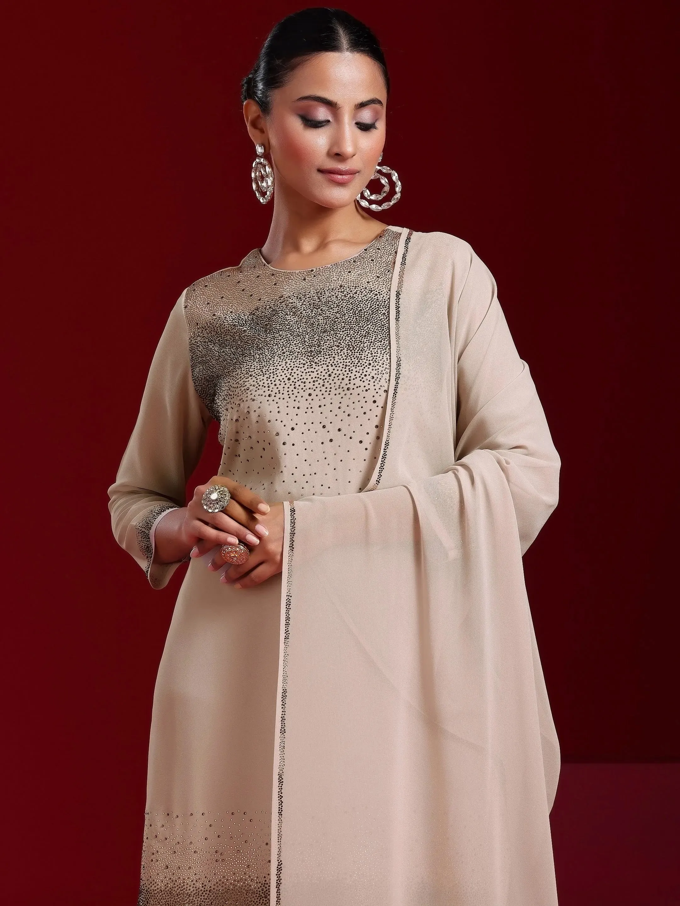 Jashvi Art Taupe Solid Georgette Straight Suit With Dupatta